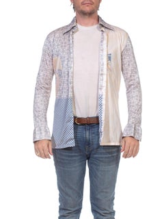 1970S Blue & Grey Nylon Tricot Jersey Men's Slinky Disco Shirt