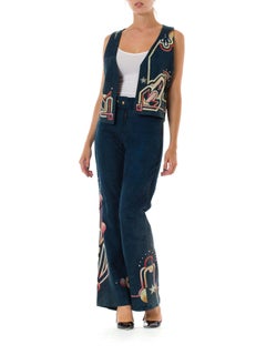 1970S Blue Hand Painted Suede Glam Rock Star Pants And Vest  Ensemble