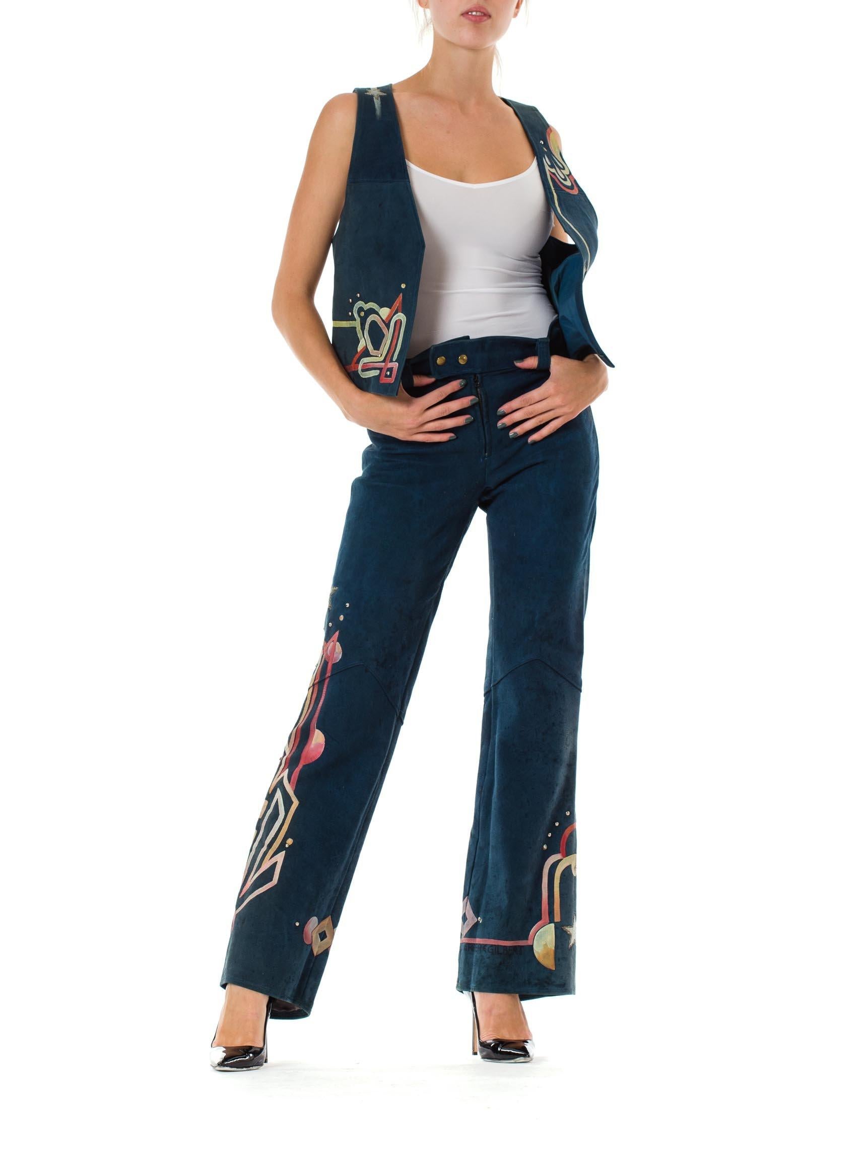 Black 1970S Blue Hand Painted Suede Glam Rock Star Pants And Vest  Ensemble For Sale