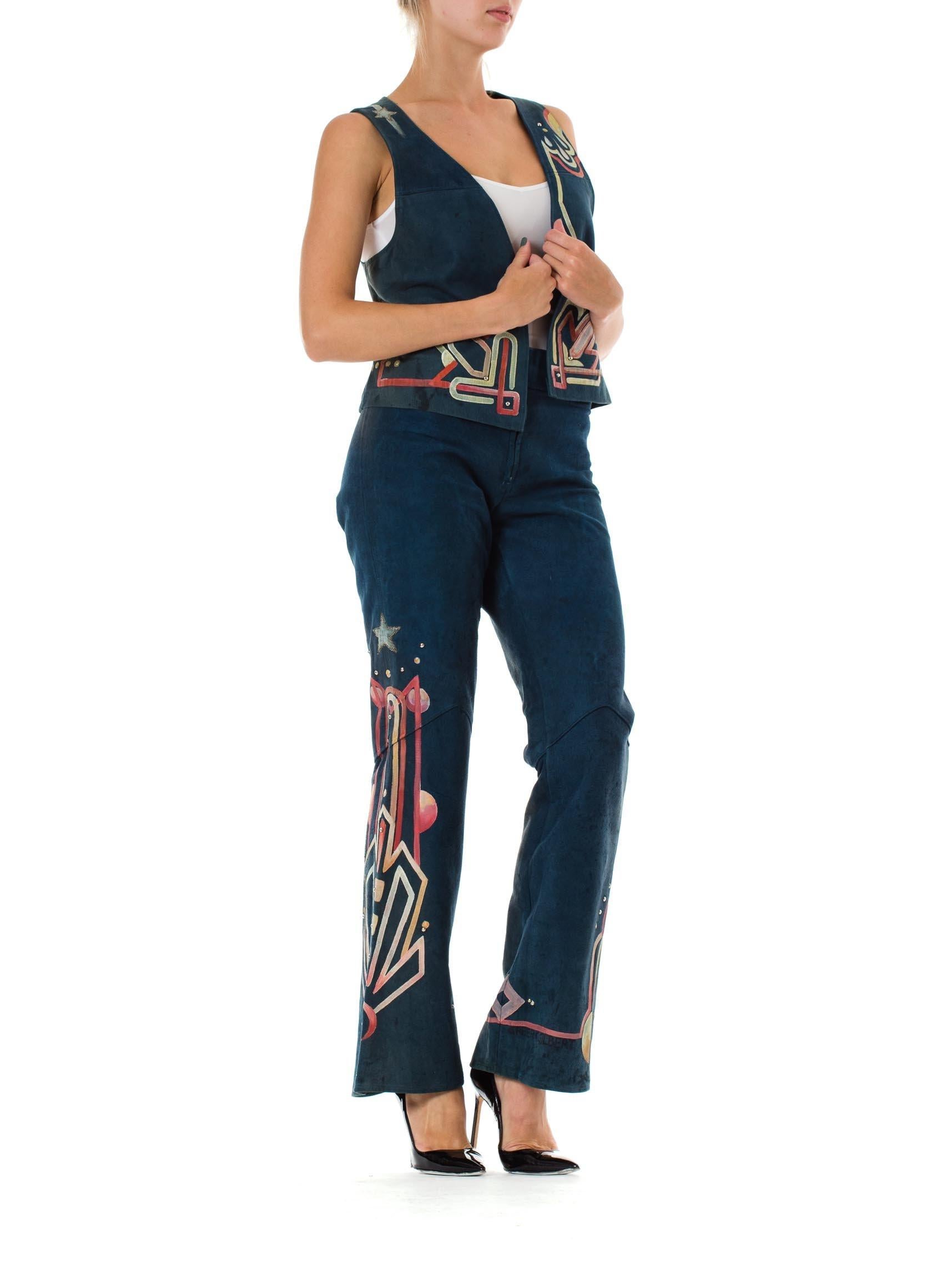 1970S Blue Hand Painted Suede Glam Rock Star Pants And Vest  Ensemble In Excellent Condition For Sale In New York, NY