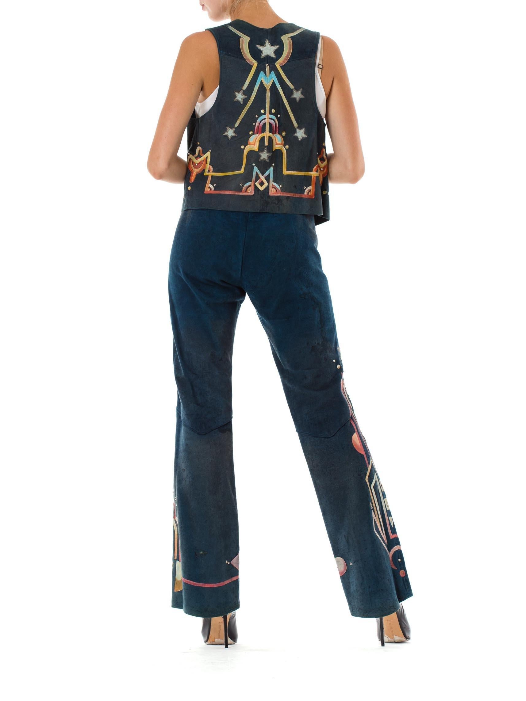 1970S Blue Hand Painted Suede Glam Rock Star Pants And Vest  Ensemble For Sale 1