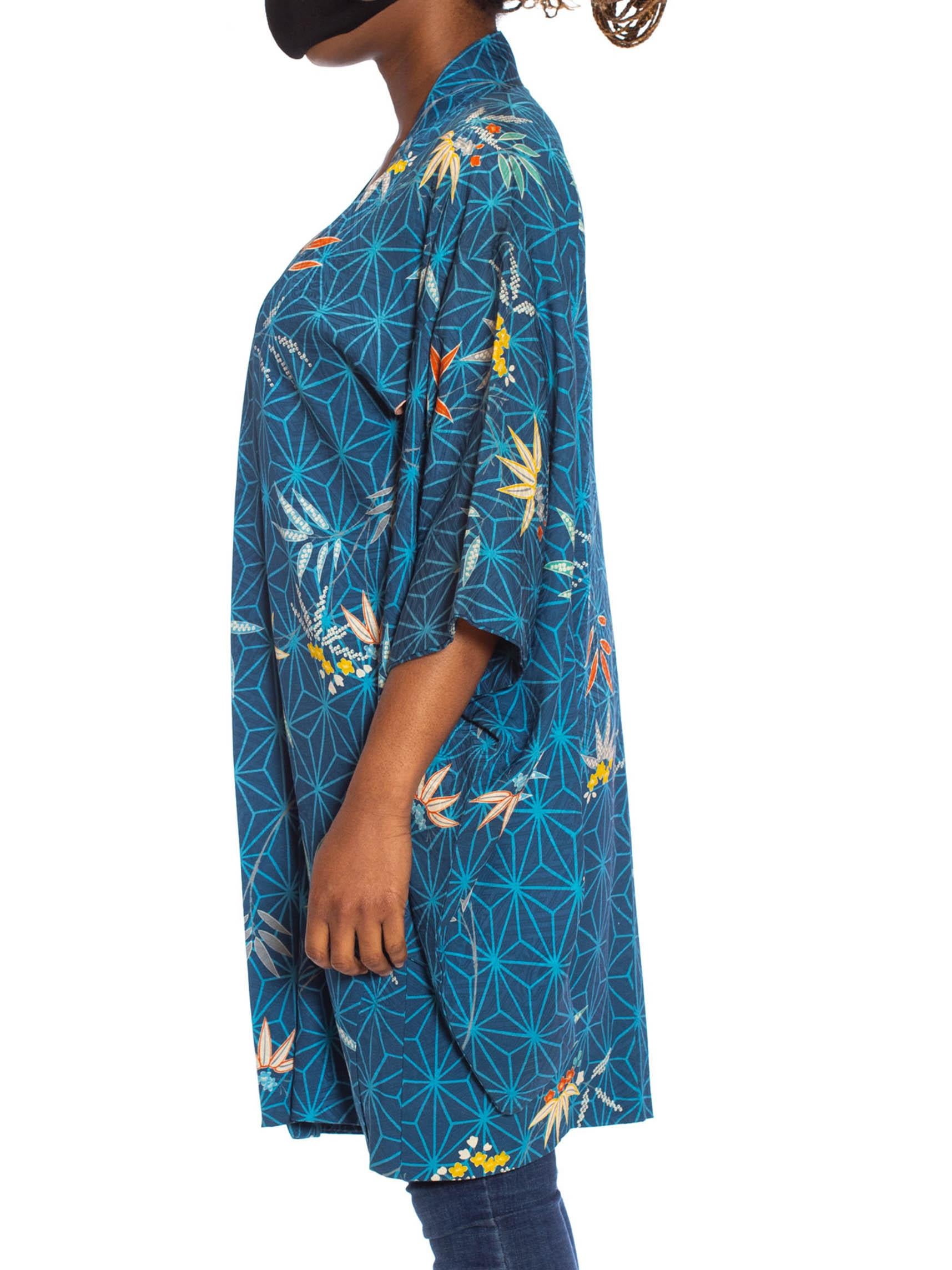 1970S Blue Japanese Silk Jacquard Geometric & Tropical Floral Kimono 7