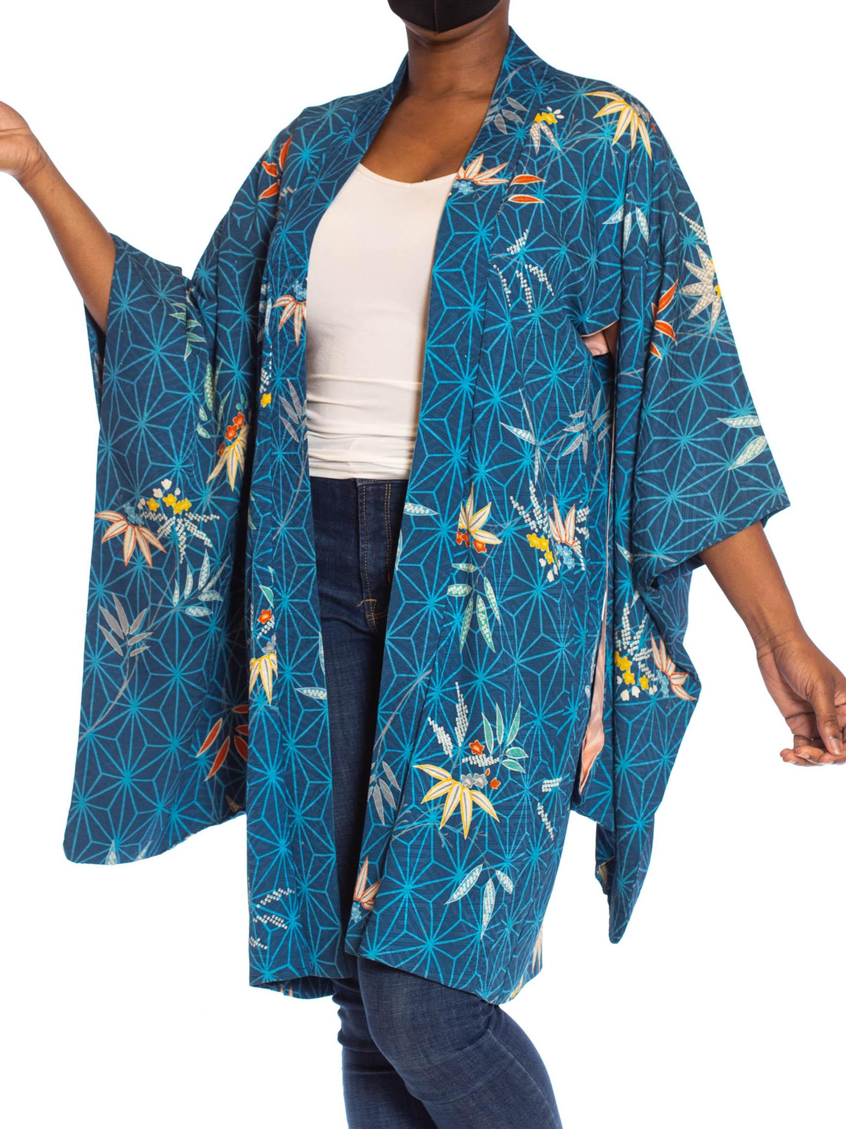 Women's 1970S Blue Japanese Silk Jacquard Geometric & Tropical Floral Kimono