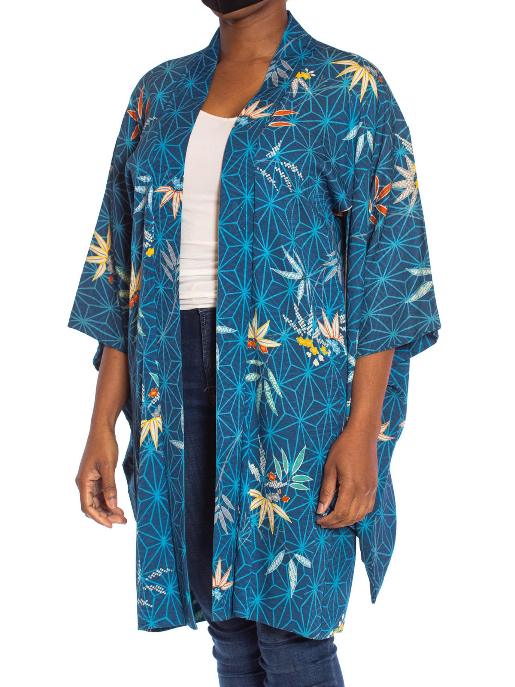 1970S Blue Japanese Silk Jacquard Geometric & Tropical Floral Kimono 1