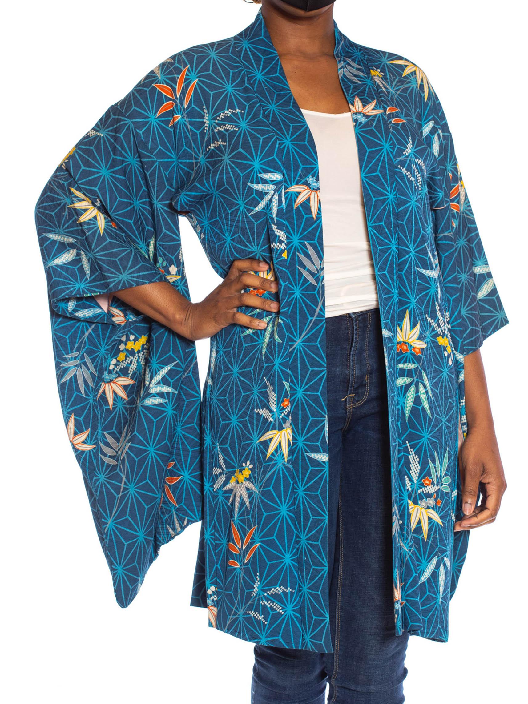 1970S Blue Japanese Silk Jacquard Geometric & Tropical Floral Kimono 2