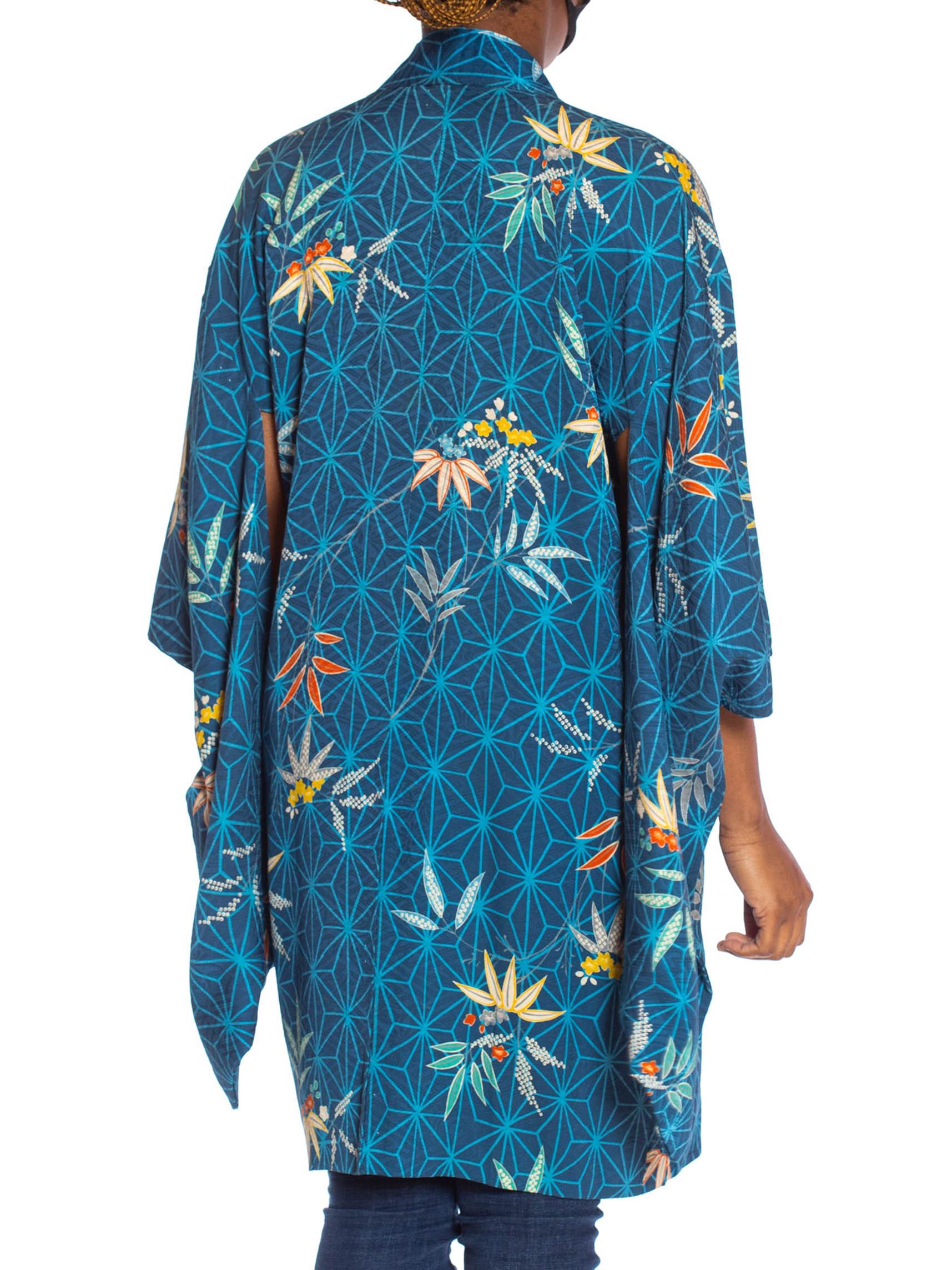 1970S Blue Japanese Silk Jacquard Geometric & Tropical Floral Kimono 3