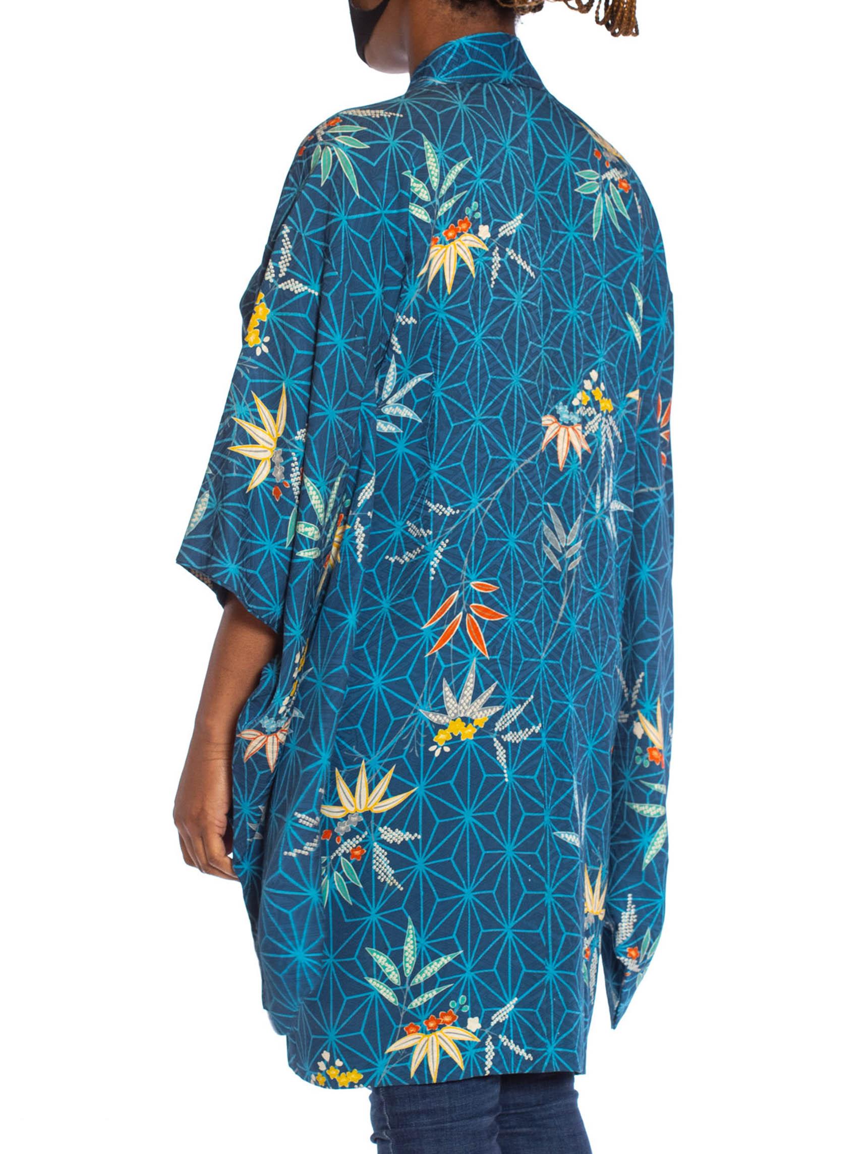 1970S Blue Japanese Silk Jacquard Geometric & Tropical Floral Kimono 4