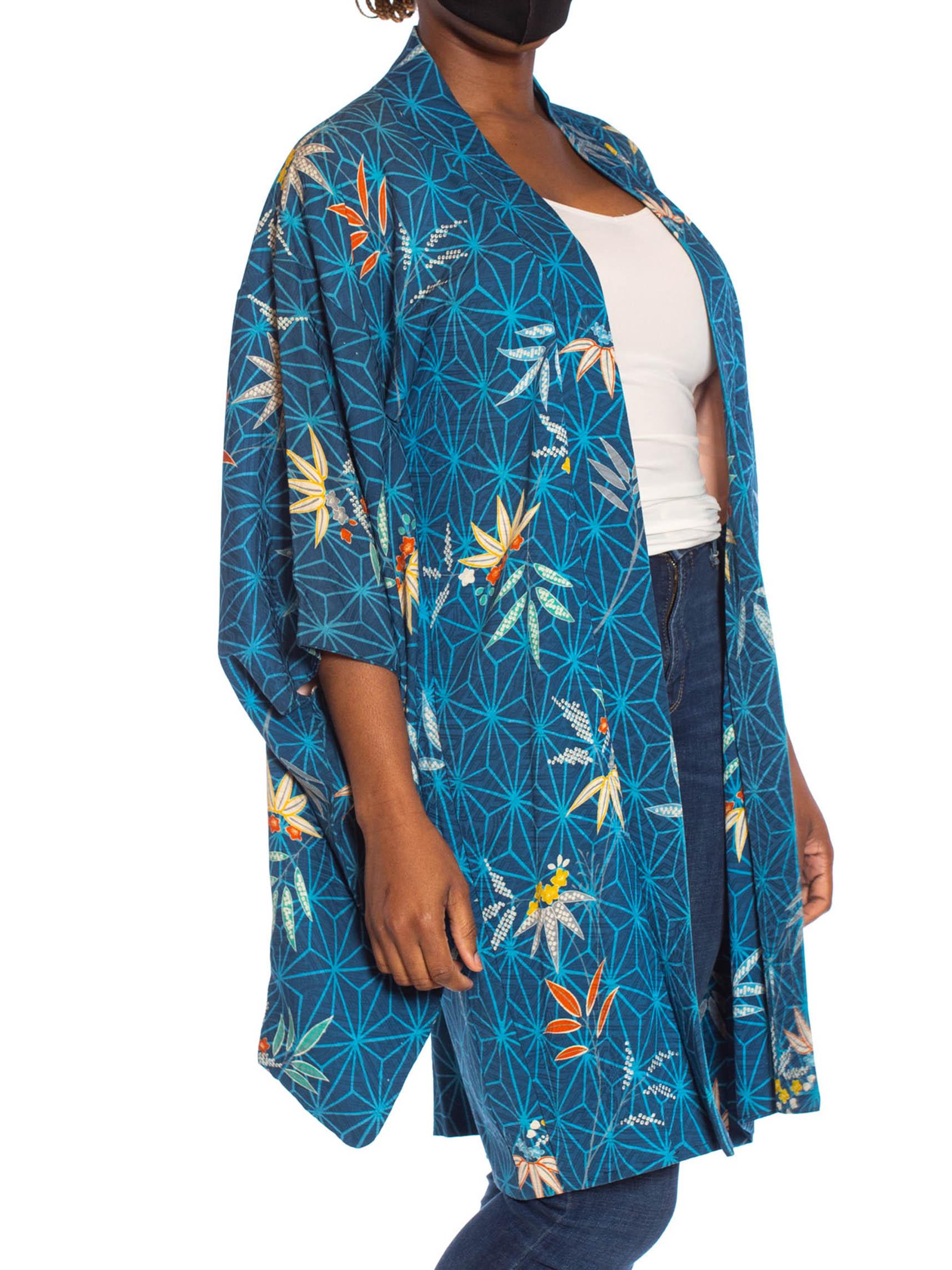 1970S Blue Japanese Silk Jacquard Geometric & Tropical Floral Kimono 5