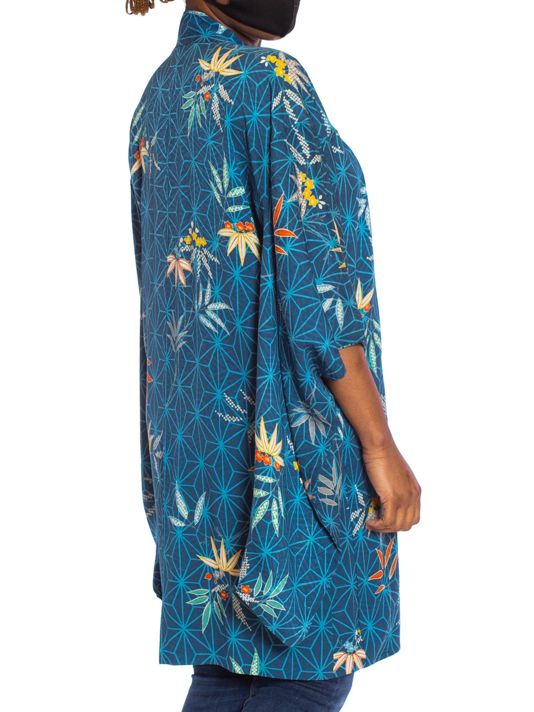 1970S Blue Japanese Silk Jacquard Geometric & Tropical Floral Kimono 6