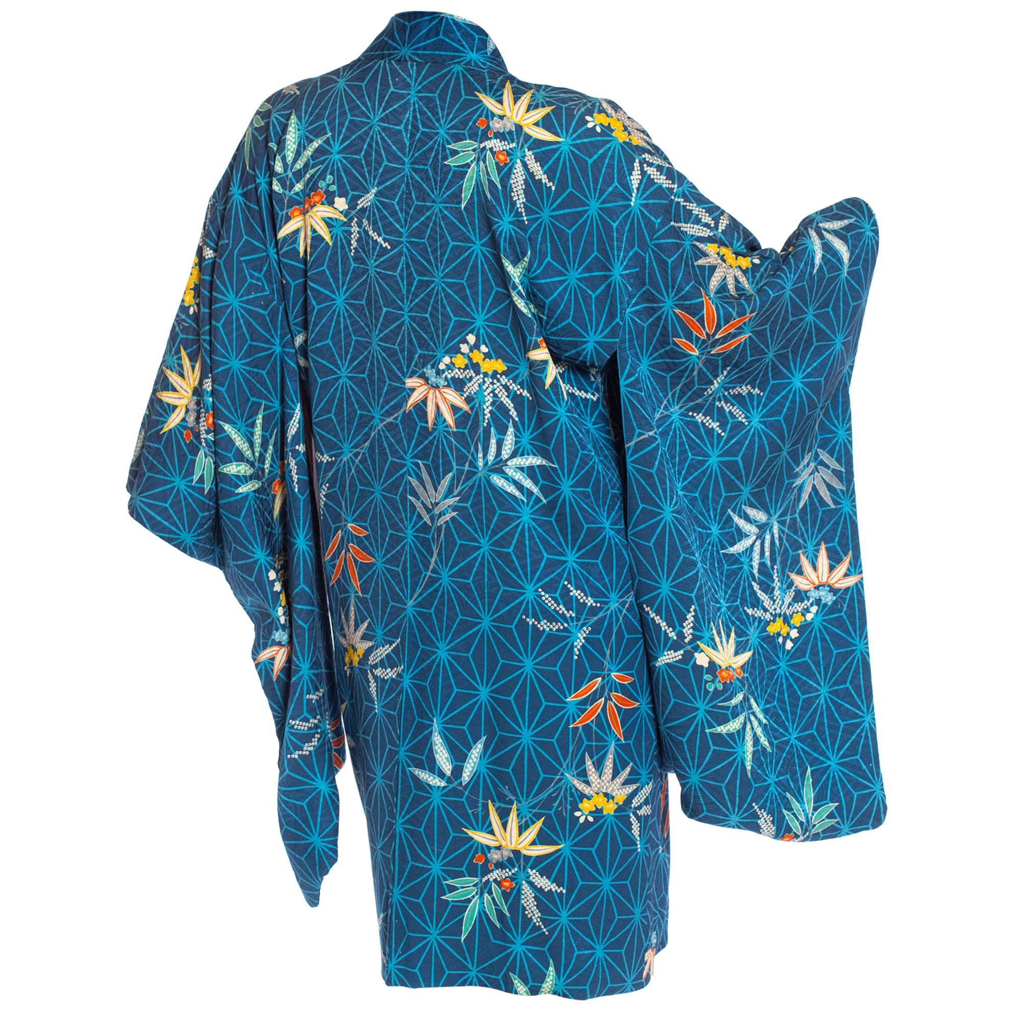 1970S Blue Japanese Silk Jacquard Geometric & Tropical Floral Kimono