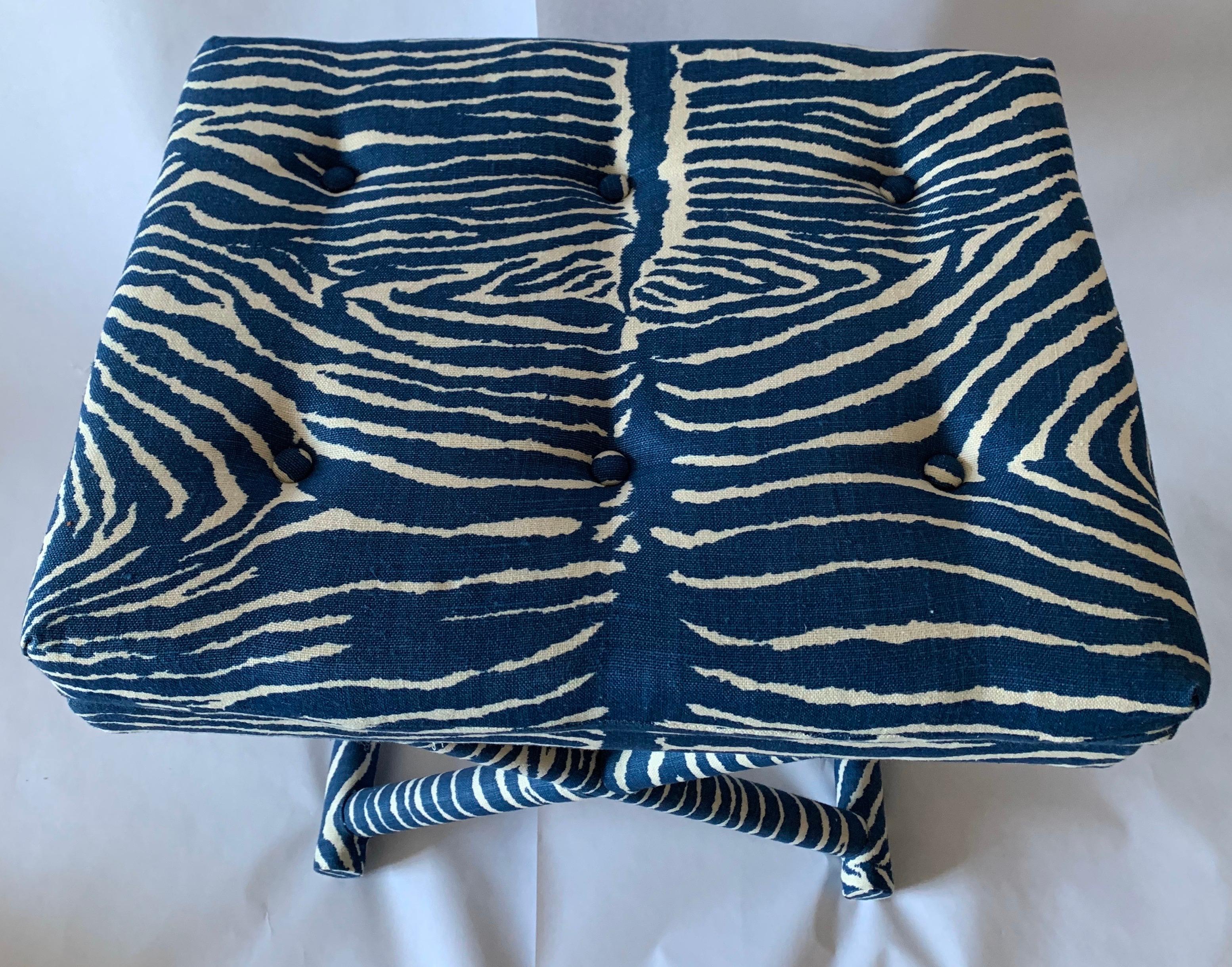 Hollywood Regency 1970s X-Bench Newly Upholstered in Blue Le Zebre Fabric 