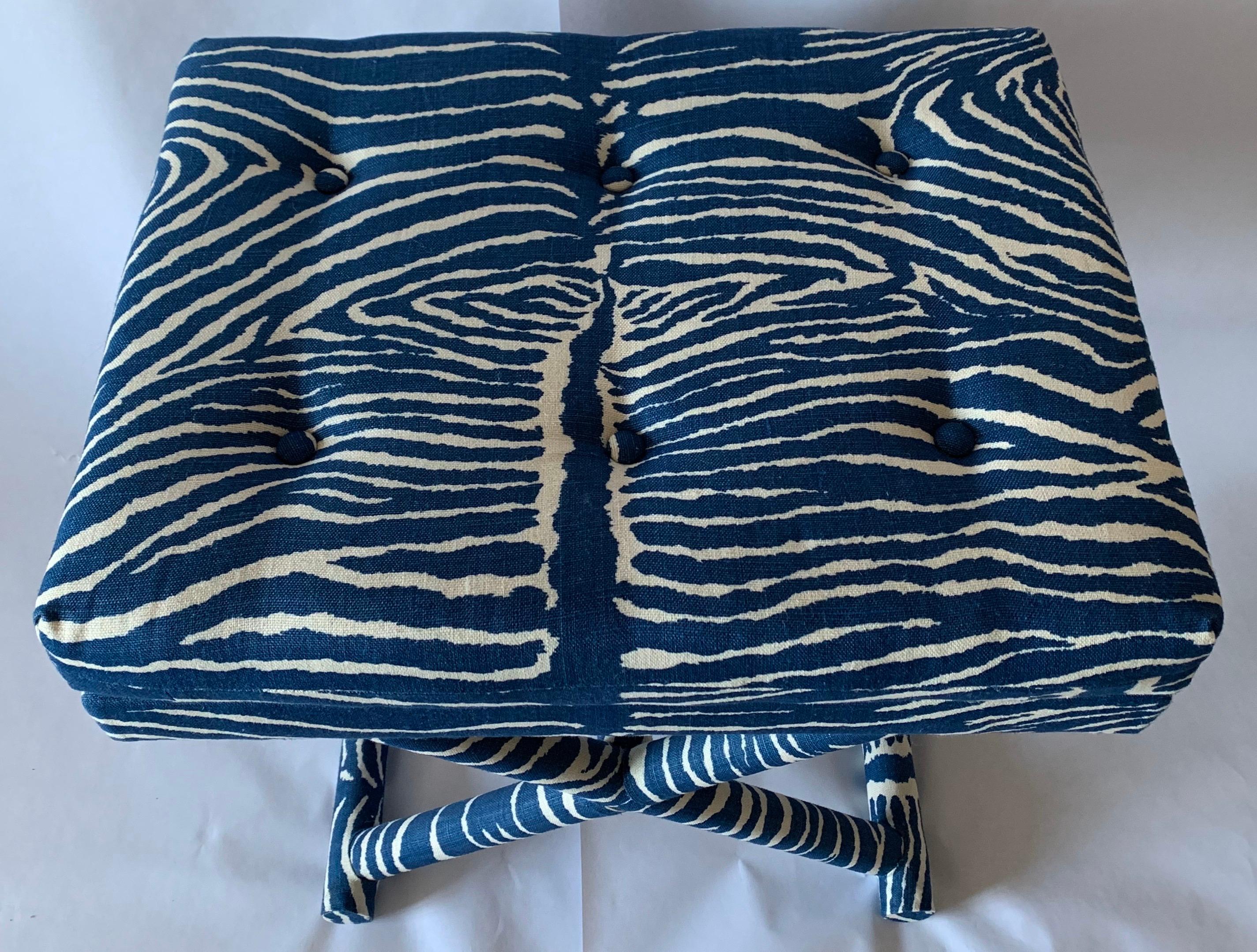 American 1970s X-Bench Newly Upholstered in Blue Le Zebre Fabric 