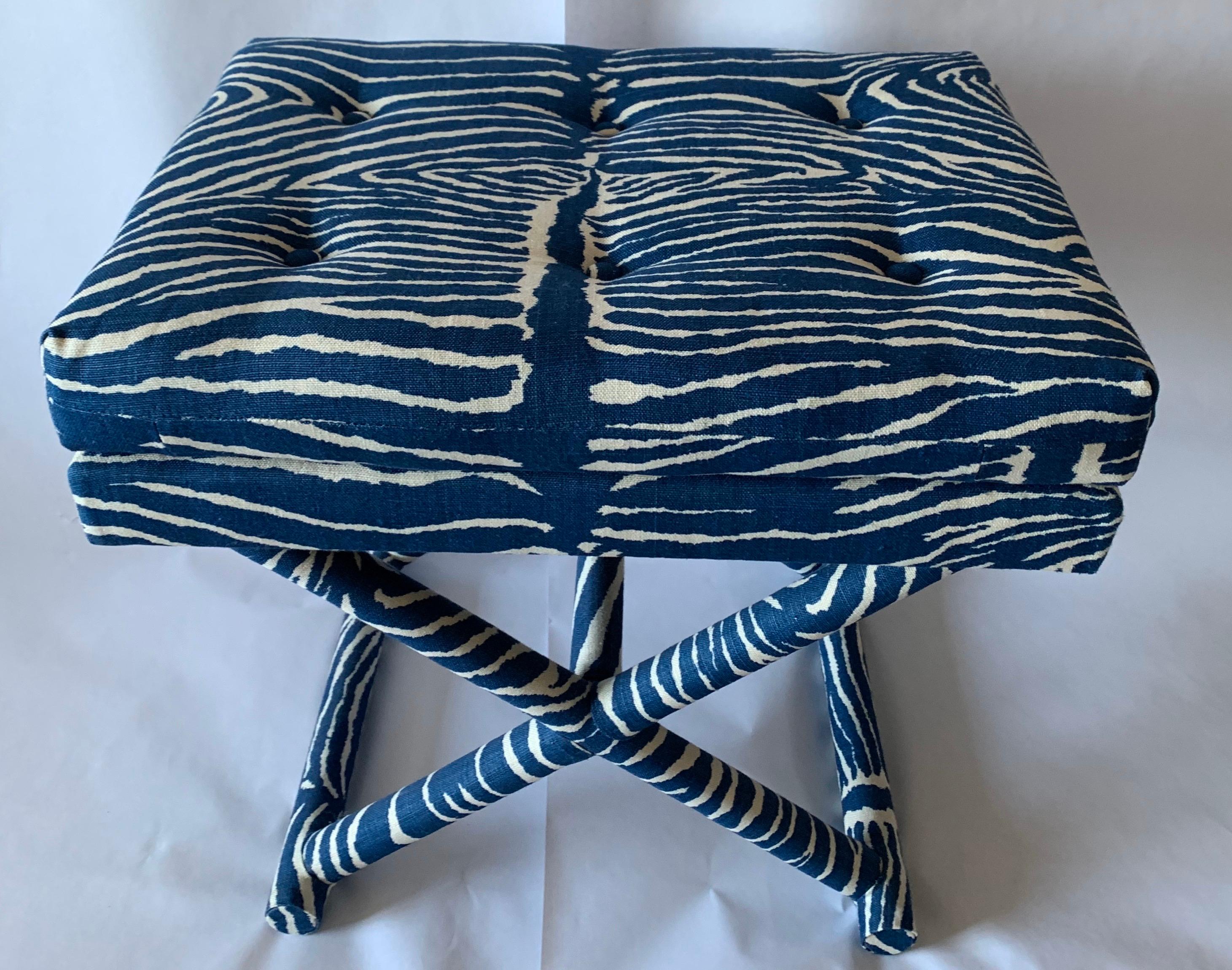 Late 20th Century 1970s X-Bench Newly Upholstered in Blue Le Zebre Fabric 