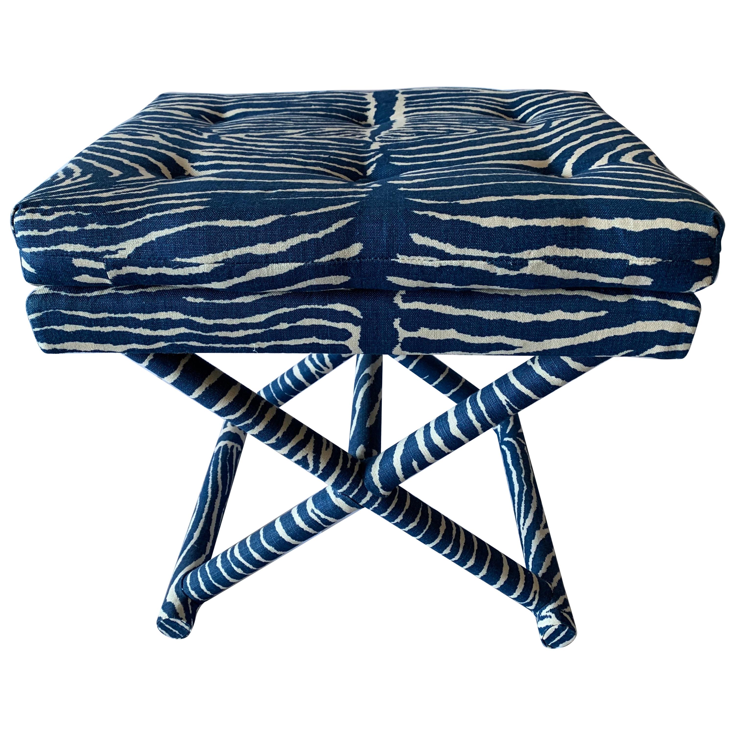 1970s X-Bench Newly Upholstered in Blue Le Zebre Fabric 
