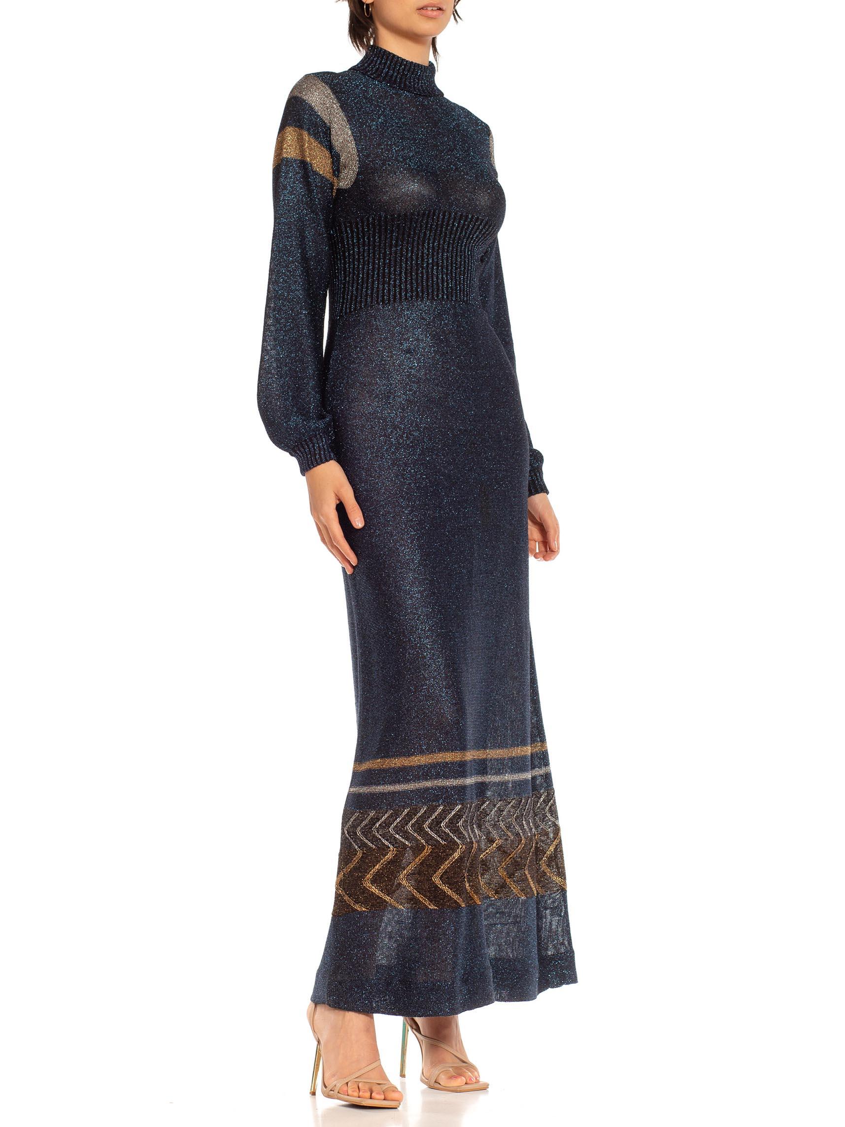 Women's 1970S Blue Metallic Poly/Lurex Knit Long Sleeve Disco Dress