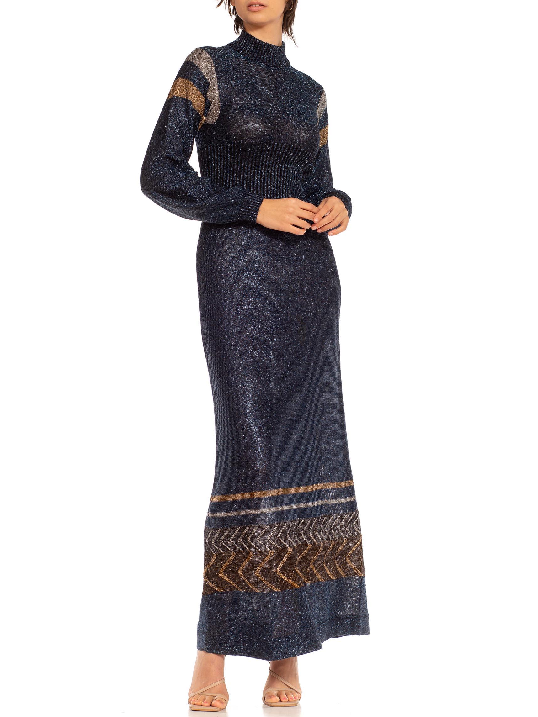 1970S Blue Metallic Poly/Lurex Knit Long Sleeve Disco Dress 3
