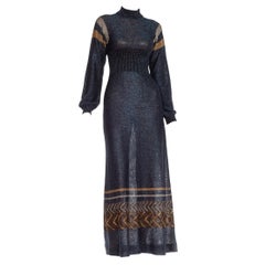 Vintage 1970S Blue Metallic Poly/Lurex Knit Long Sleeve Disco Dress