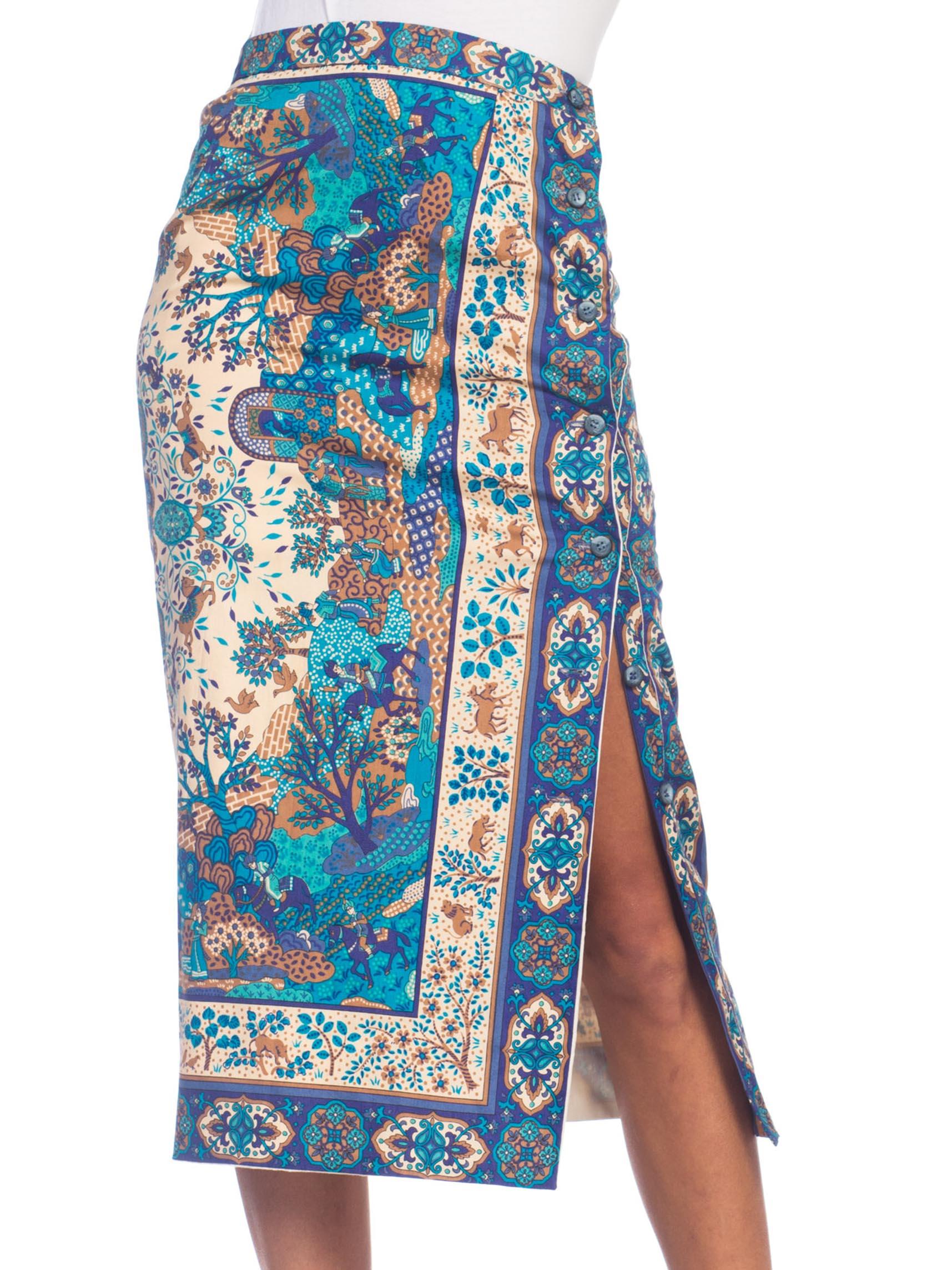 1970S Blue  Multicolored Cotton Indian Paisley Scenic Print Wrap Skirt In Excellent Condition For Sale In New York, NY