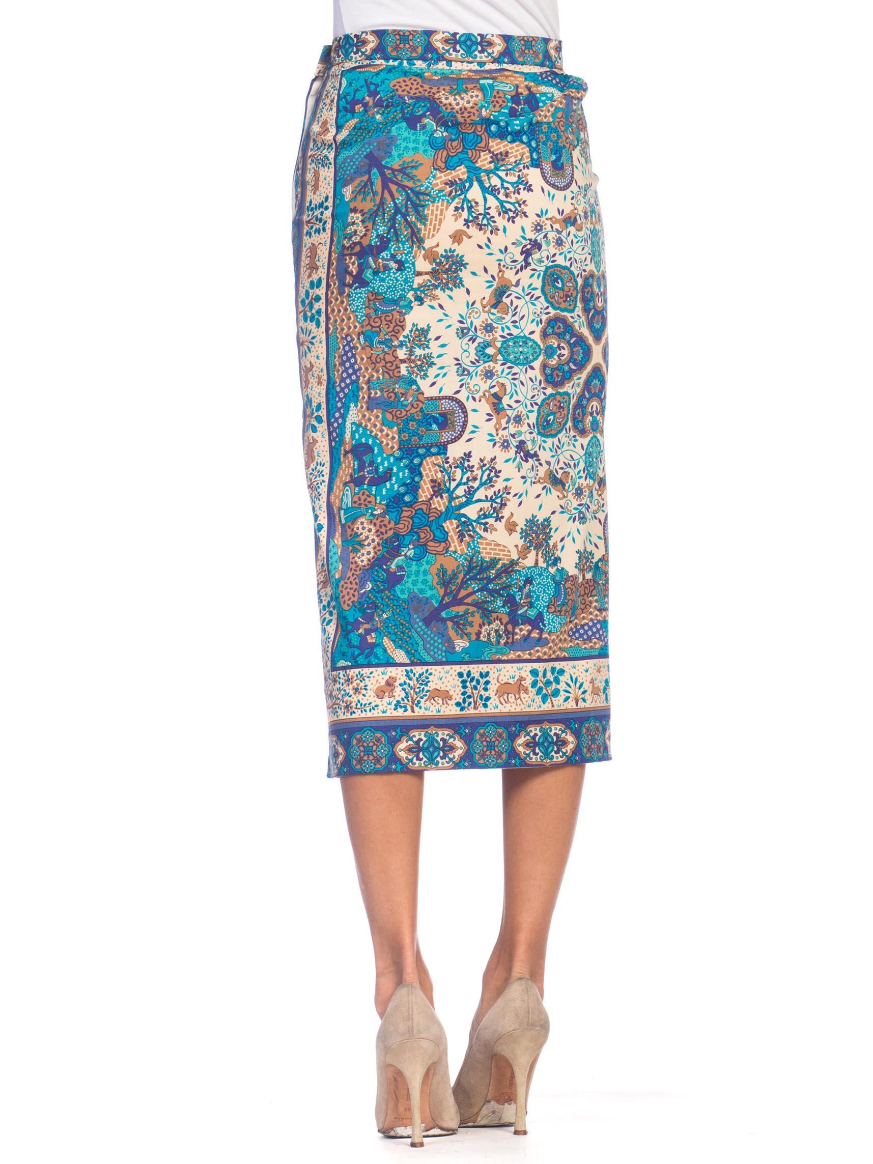 Women's 1970S Blue  Multicolored Cotton Indian Paisley Scenic Print Wrap Skirt For Sale