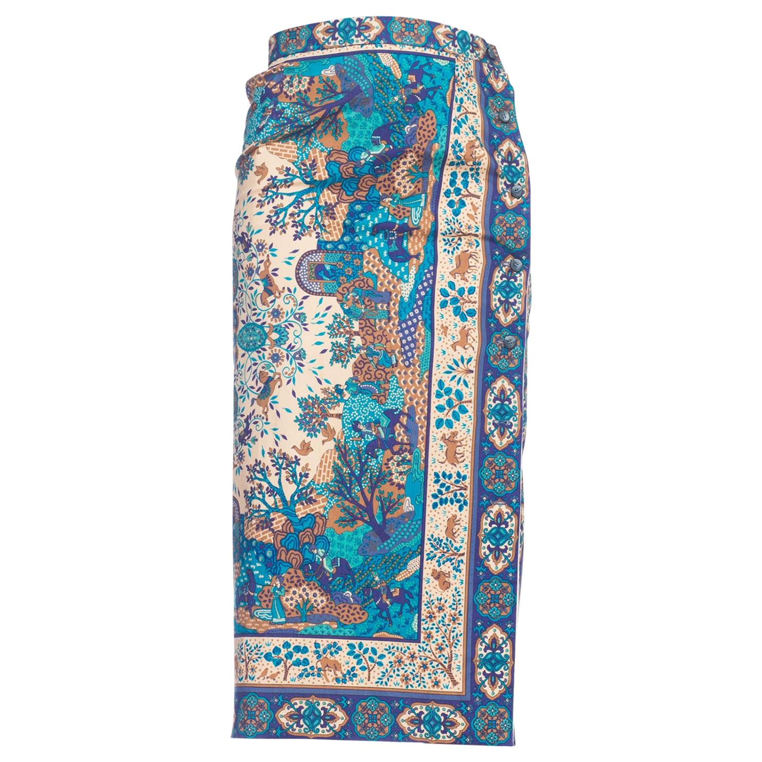 1970S Blue  Multicolored Cotton Indian Paisley Scenic Print Wrap Skirt For Sale