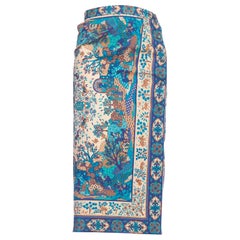 1970S Blue  Multicolored Cotton Indian Paisley Scenic Print Wrap Skirt