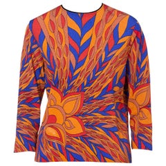 1970S Blue & Orange Polyester Jersey Psychedelic Print Top