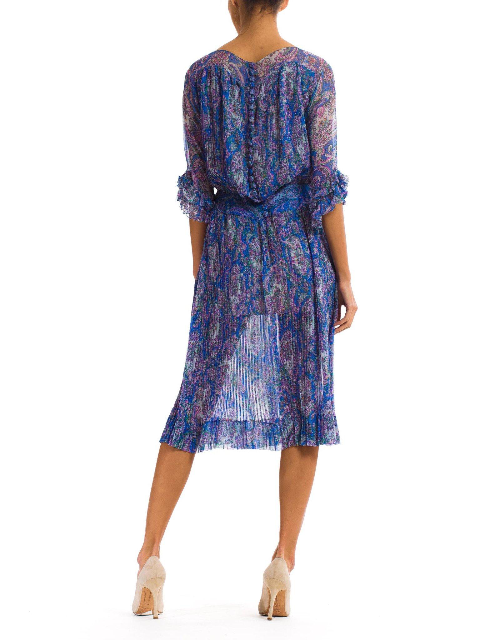 1970S Blue Paisley Silk Chiffon Sheer Pleated Dress With Front Bow 7