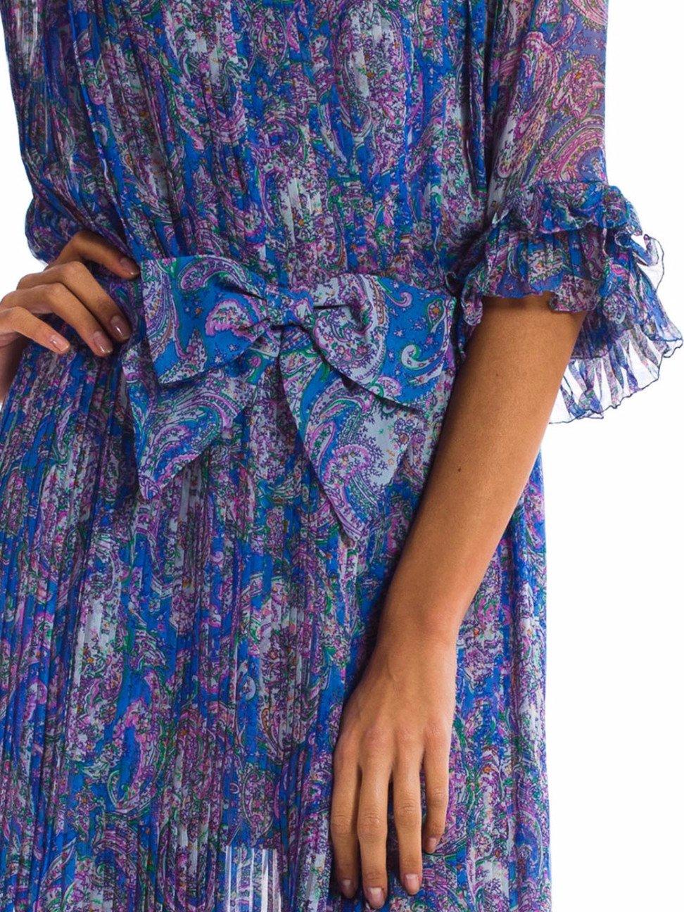 1970S Blue Paisley Silk Chiffon Sheer Pleated Dress With Front Bow 8