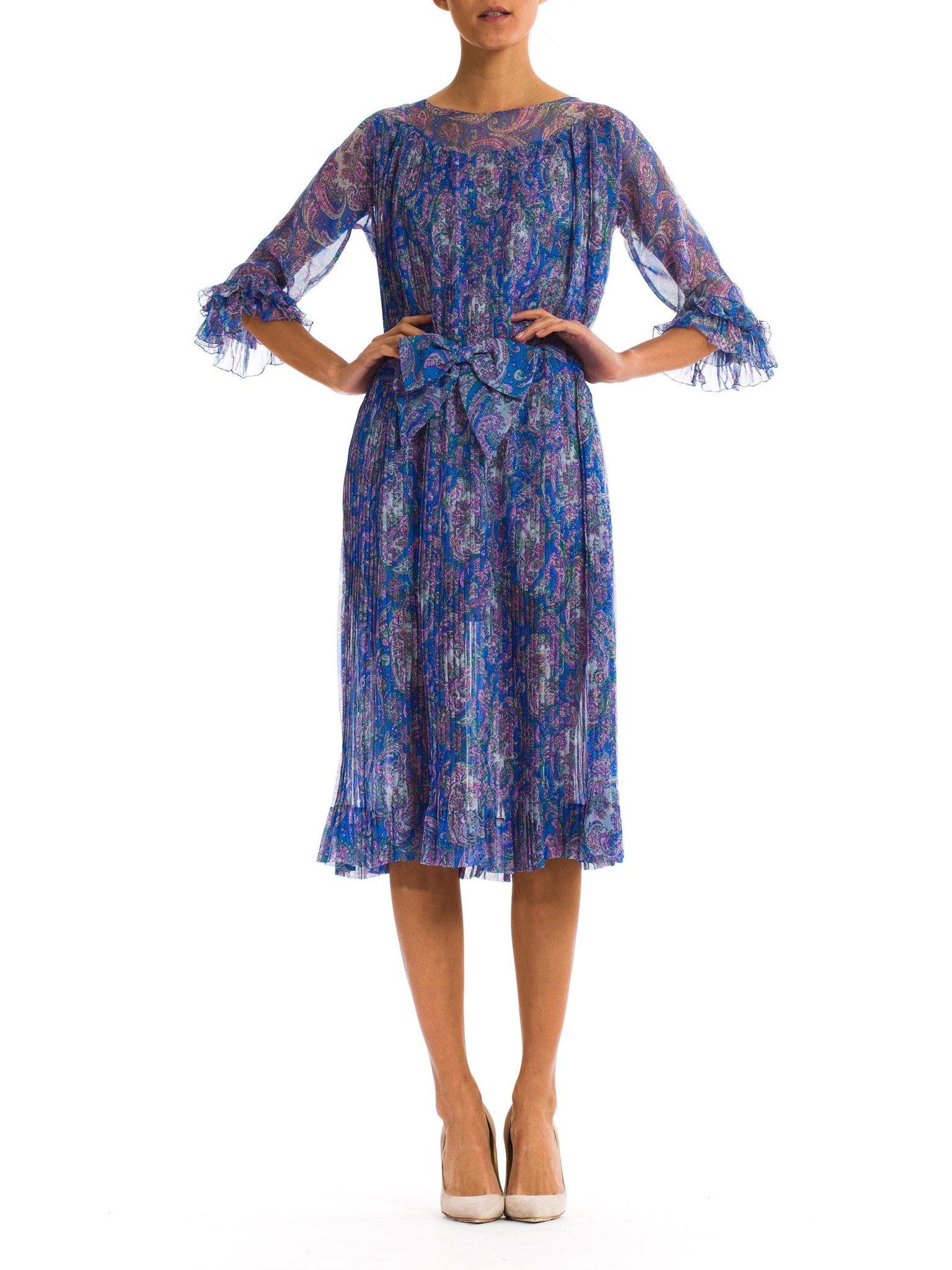 1970S Blue Paisley Silk Chiffon Sheer Pleated Dress With Front Bow In Excellent Condition In New York, NY