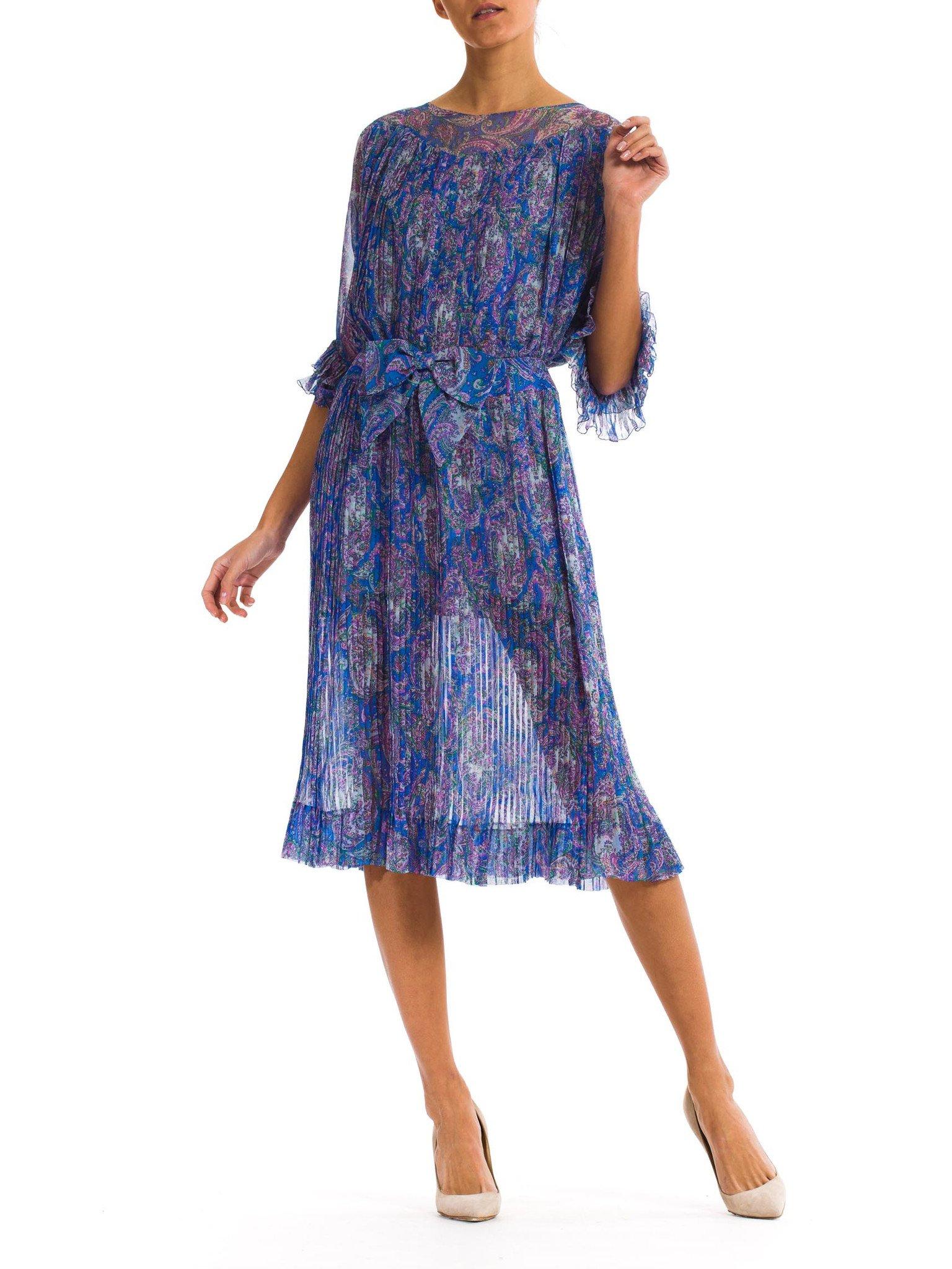 Women's 1970S Blue Paisley Silk Chiffon Sheer Pleated Dress With Front Bow