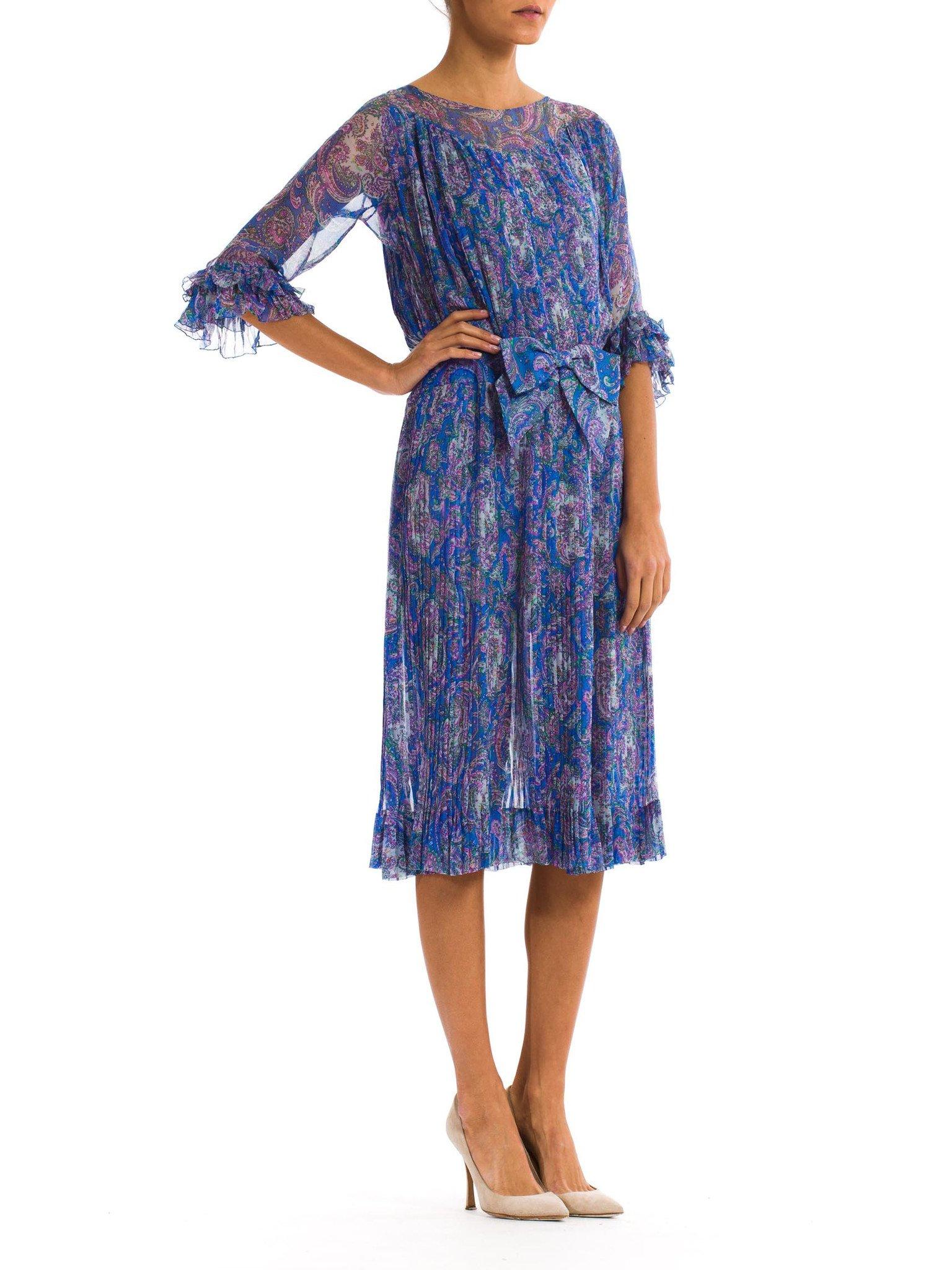 1970S Blue Paisley Silk Chiffon Sheer Pleated Dress With Front Bow 1
