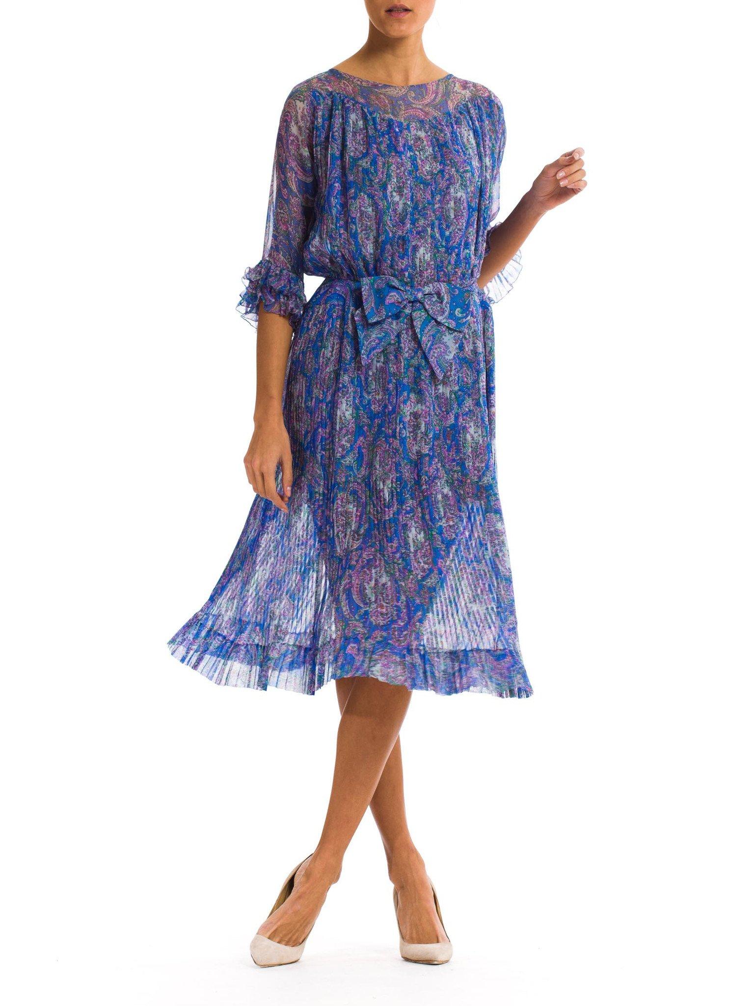 1970S Blue Paisley Silk Chiffon Sheer Pleated Dress With Front Bow 2