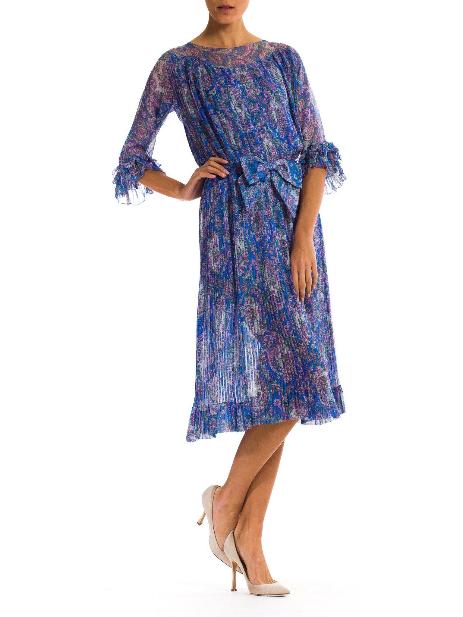 1970S Blue Paisley Silk Chiffon Sheer Pleated Dress With Front Bow 3