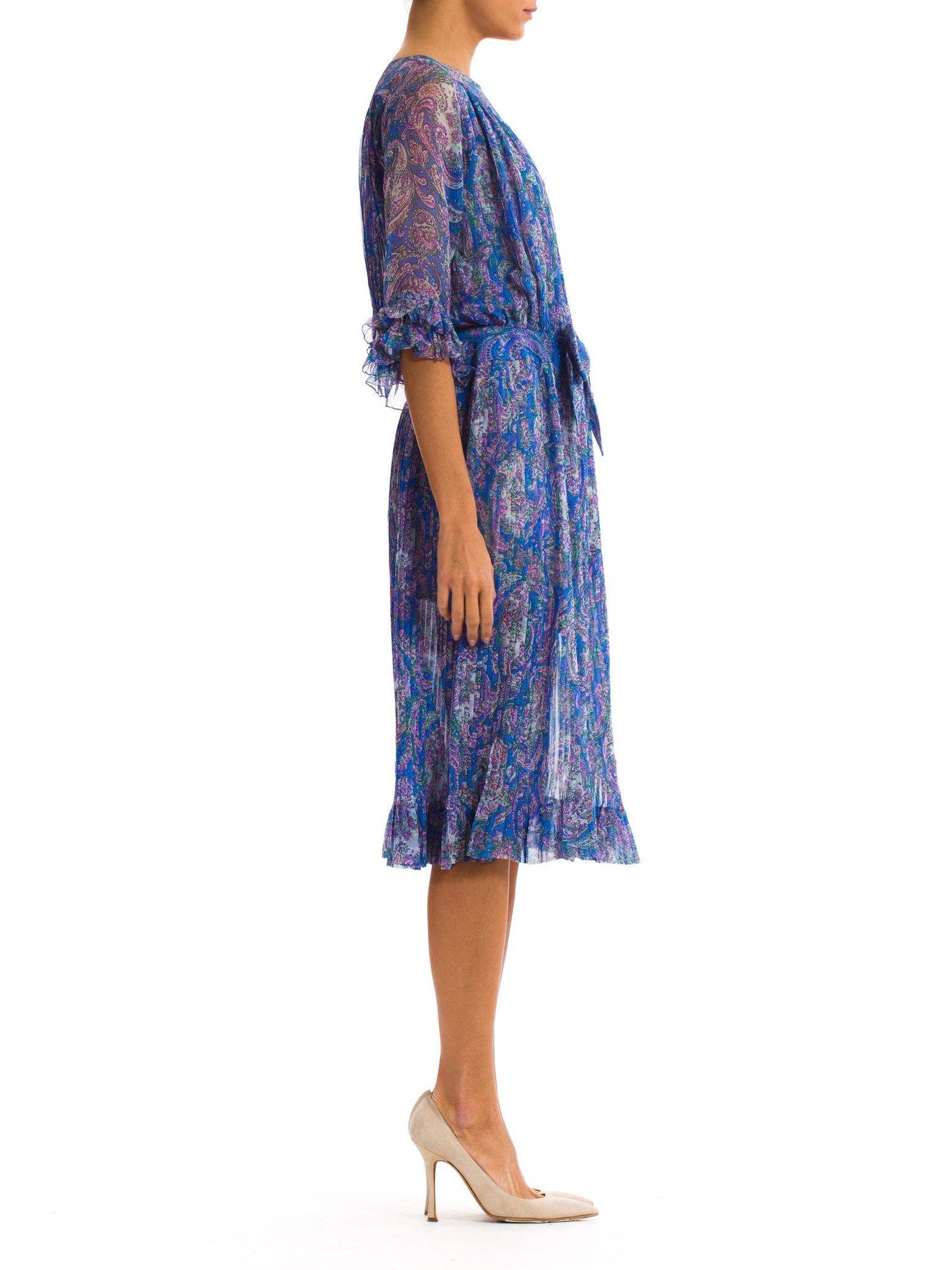 1970S Blue Paisley Silk Chiffon Sheer Pleated Dress With Front Bow 4