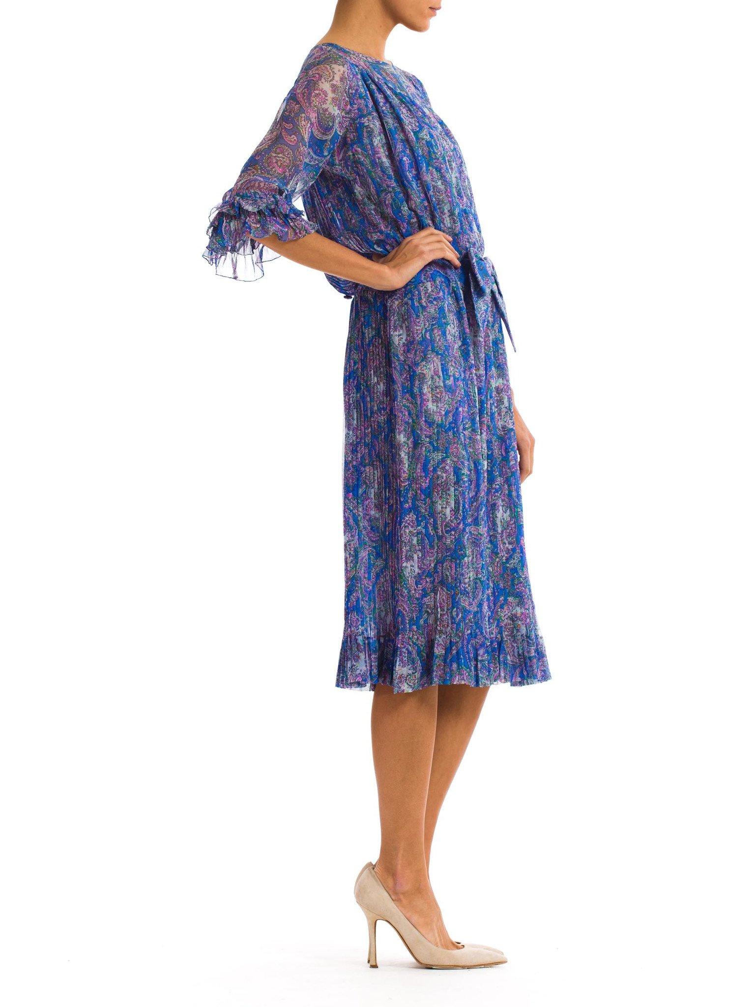 1970S Blue Paisley Silk Chiffon Sheer Pleated Dress With Front Bow 5