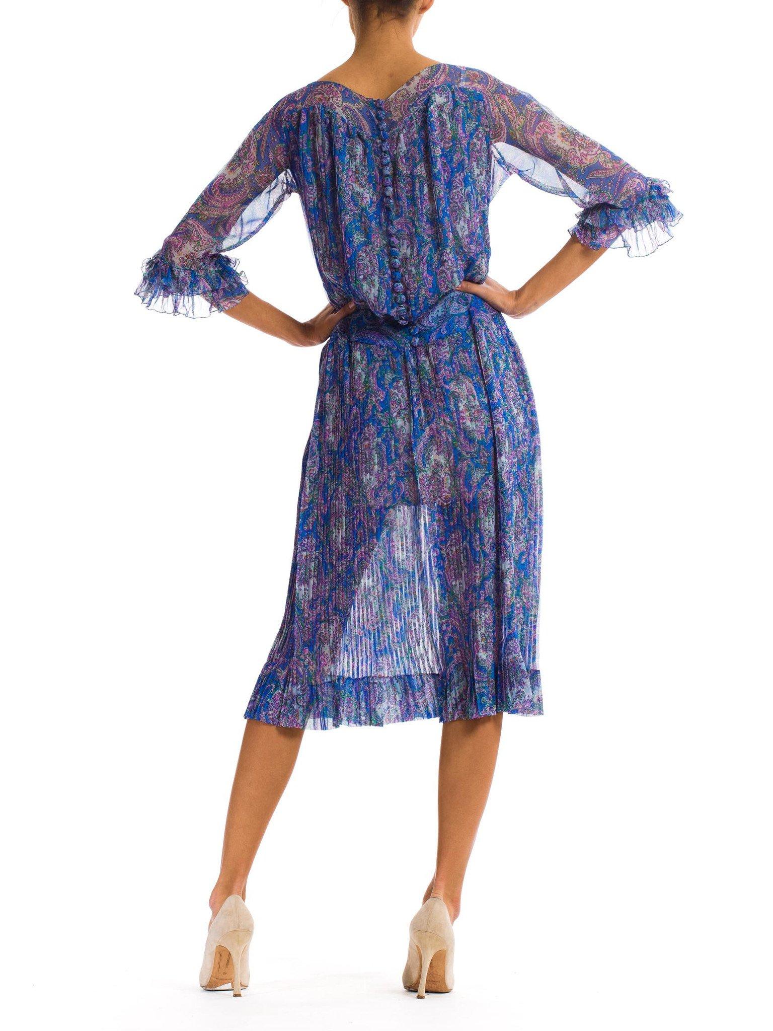 1970S Blue Paisley Silk Chiffon Sheer Pleated Dress With Front Bow 6