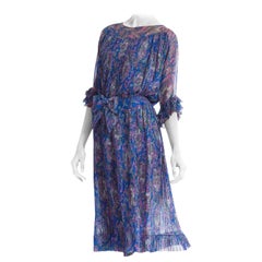 1970S Blue Paisley Silk Chiffon Sheer Pleated Dress With Front Bow