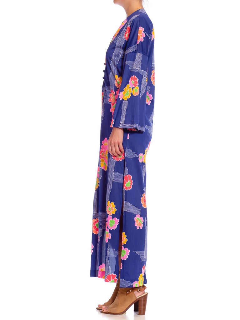 1970S Blue and Pink Floral Print Polyester Jersey Duster For Sale at ...