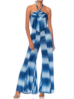 1970S Blue Polyester Jersey Backless Halter Bell Bottom Jumpsuit