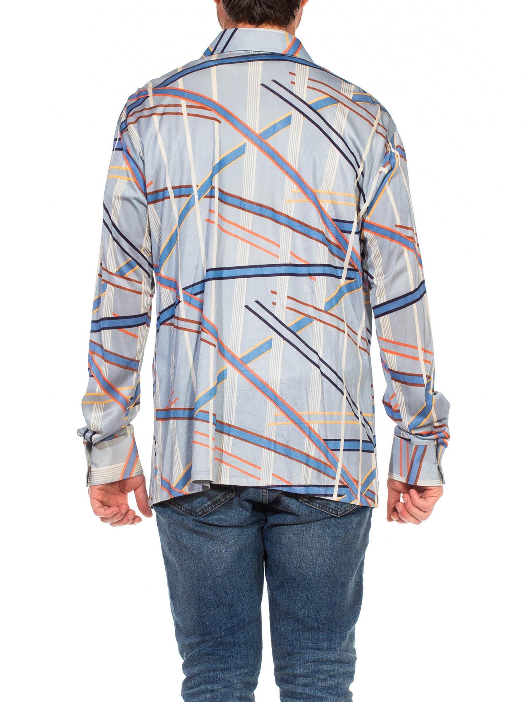 1970S Blue Polyester Tricot Jersey Men's Long Sleeve Geometric Disco Shirt For Sale 7