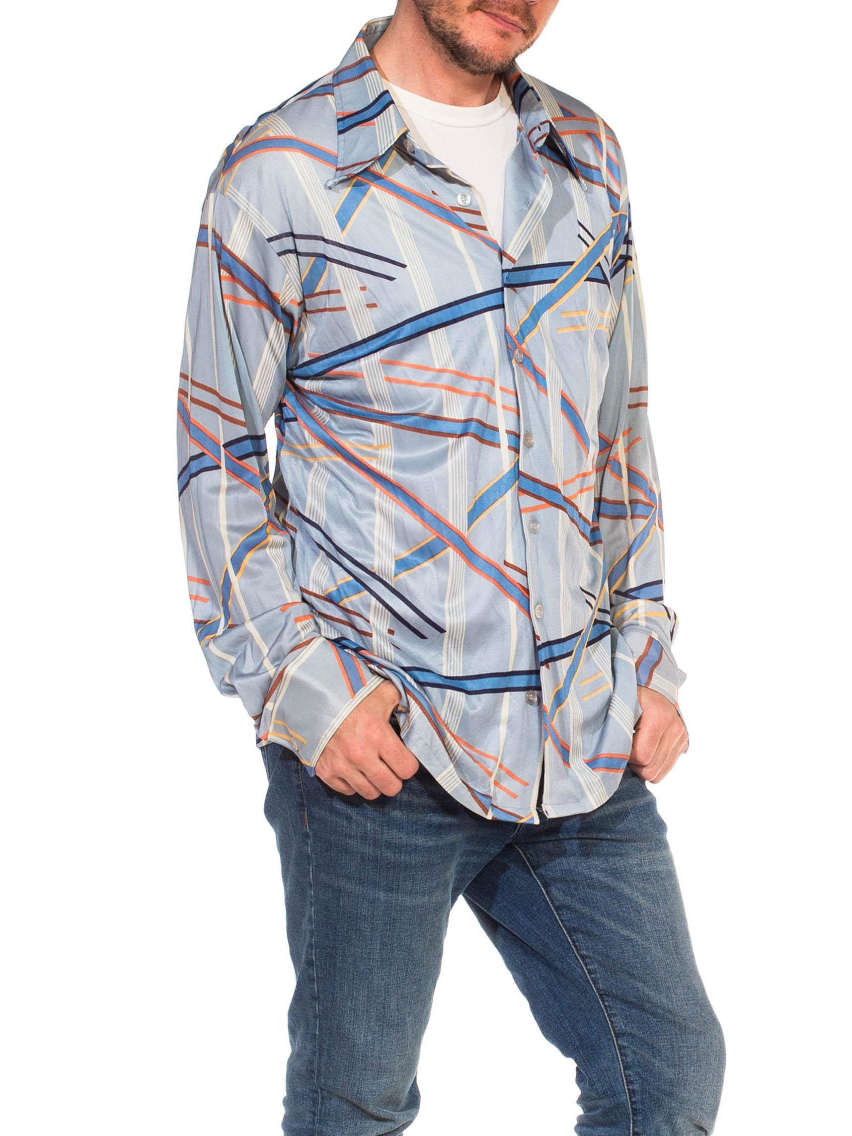 Gray 1970S Blue Polyester Tricot Jersey Men's Long Sleeve Geometric Disco Shirt For Sale