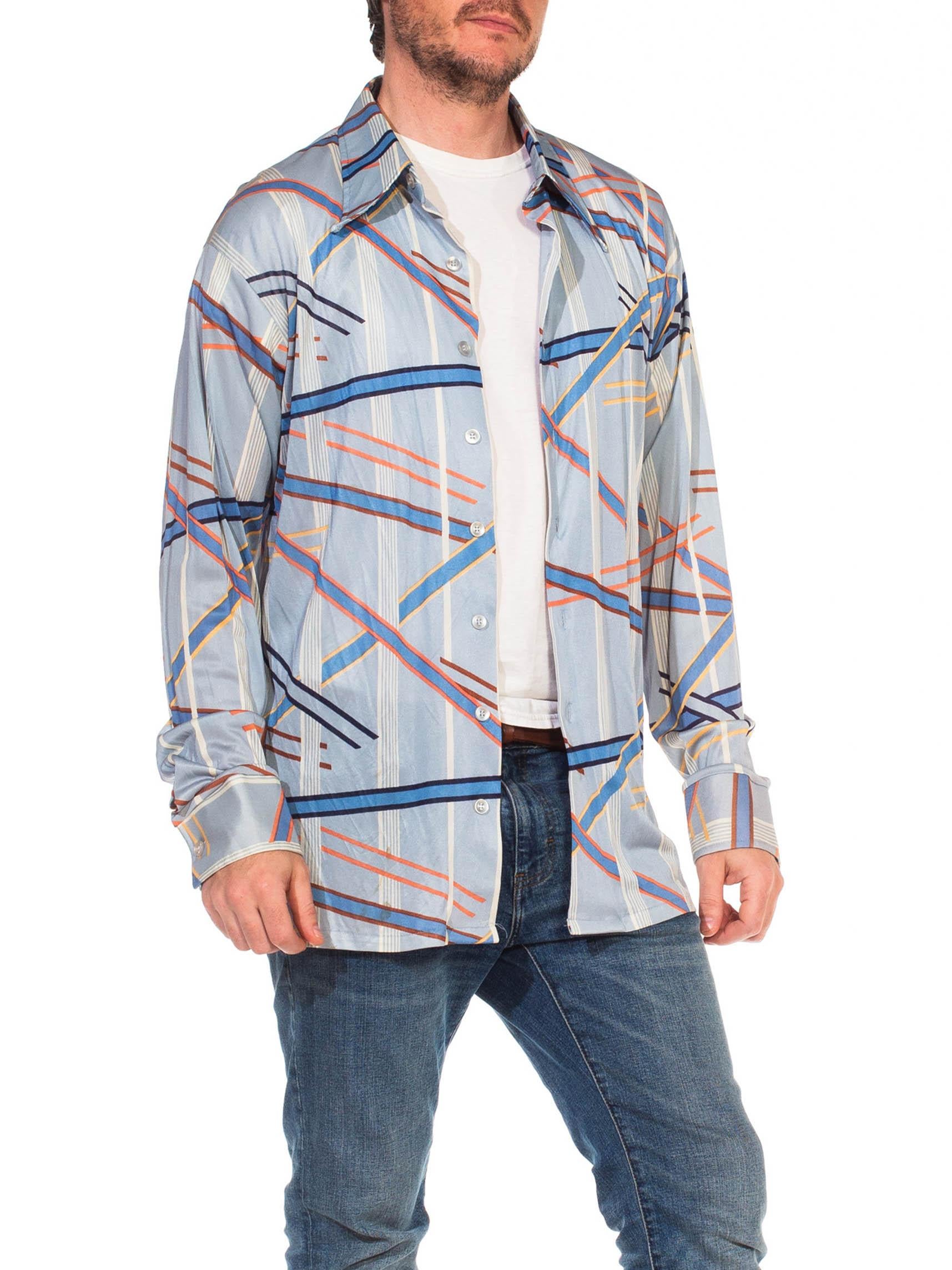 1970S Blue Polyester Tricot Jersey Men's Long Sleeve Geometric Disco Shirt For Sale 4