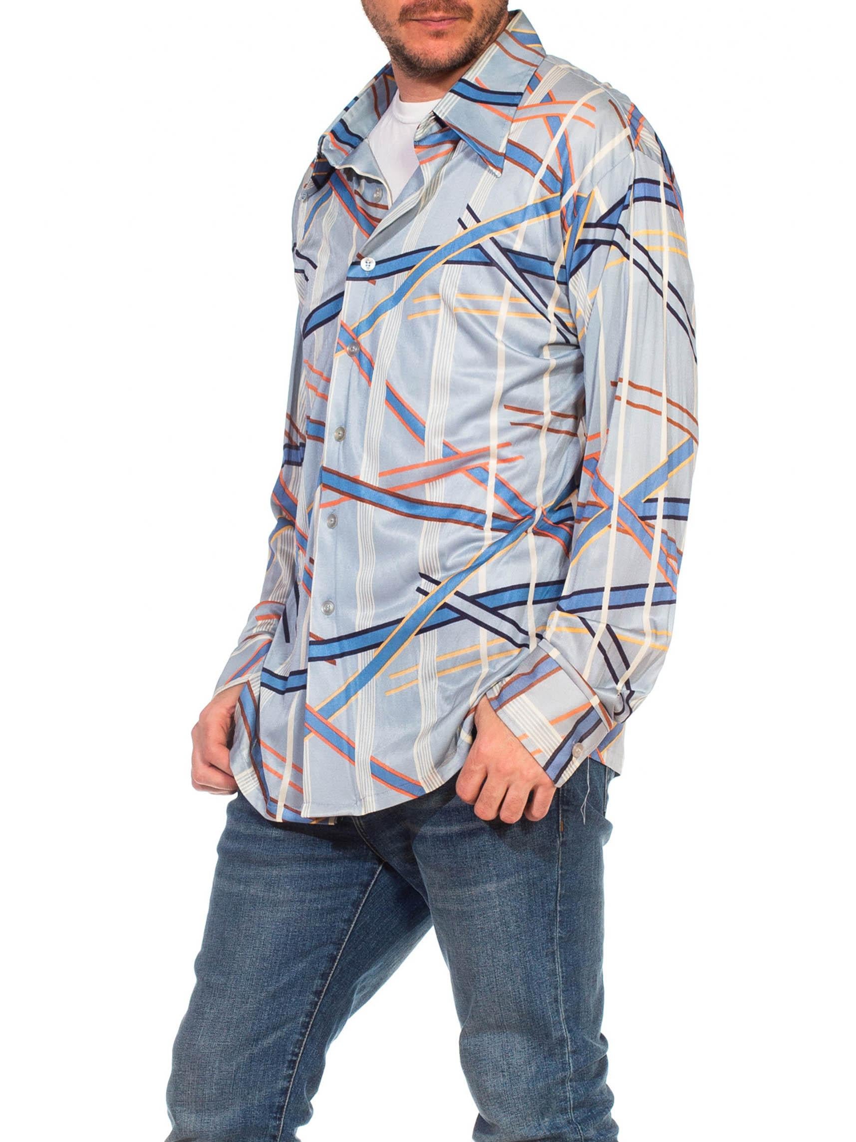1970S Blue Polyester Tricot Jersey Men's Long Sleeve Geometric Disco Shirt For Sale 5