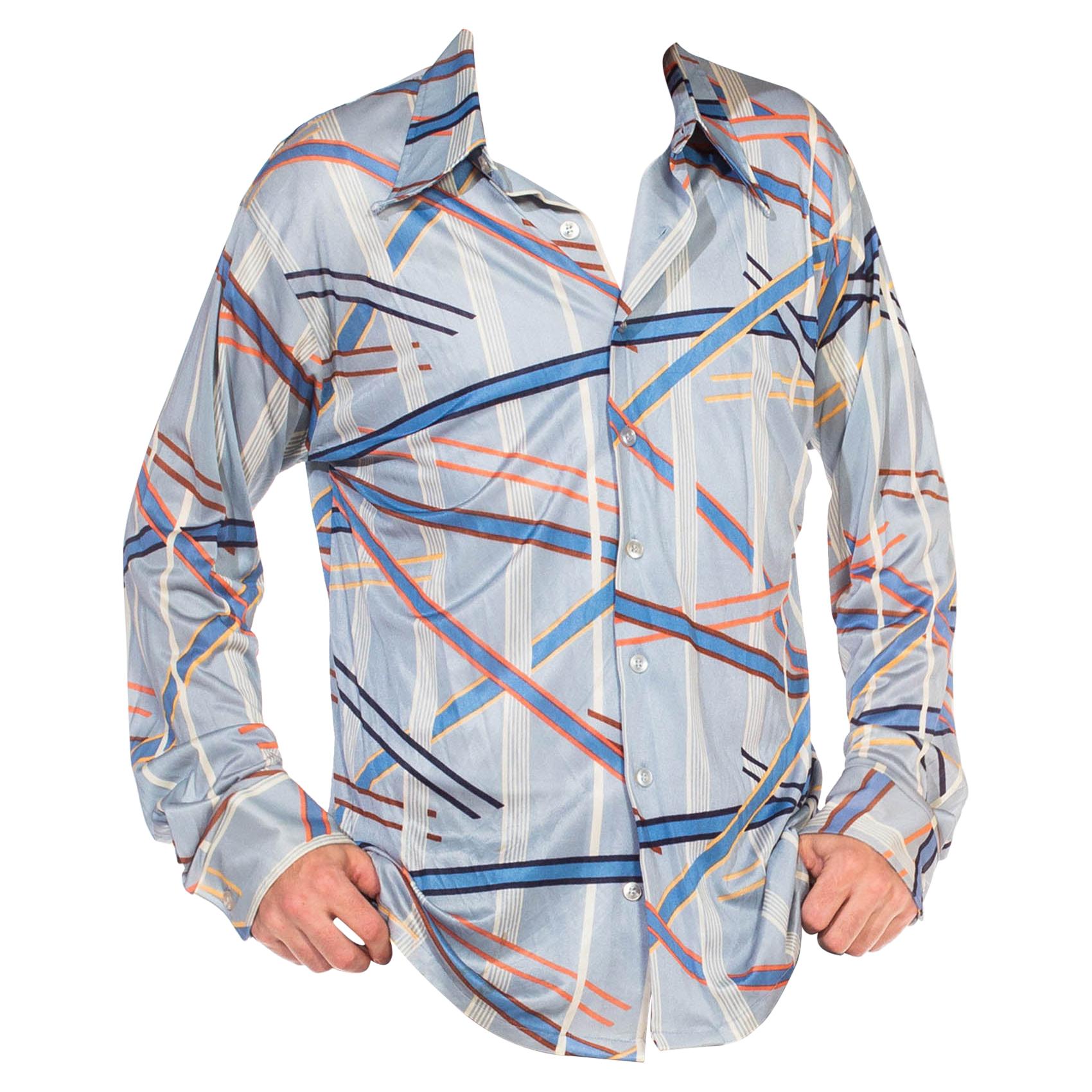 1970S Blue Polyester Tricot Jersey Men's Long Sleeve Geometric Disco Shirt For Sale