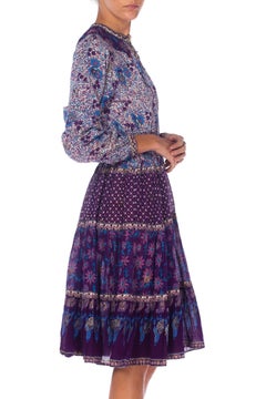 1970S Blue & Purple Cotton Indian Block Printed Dress