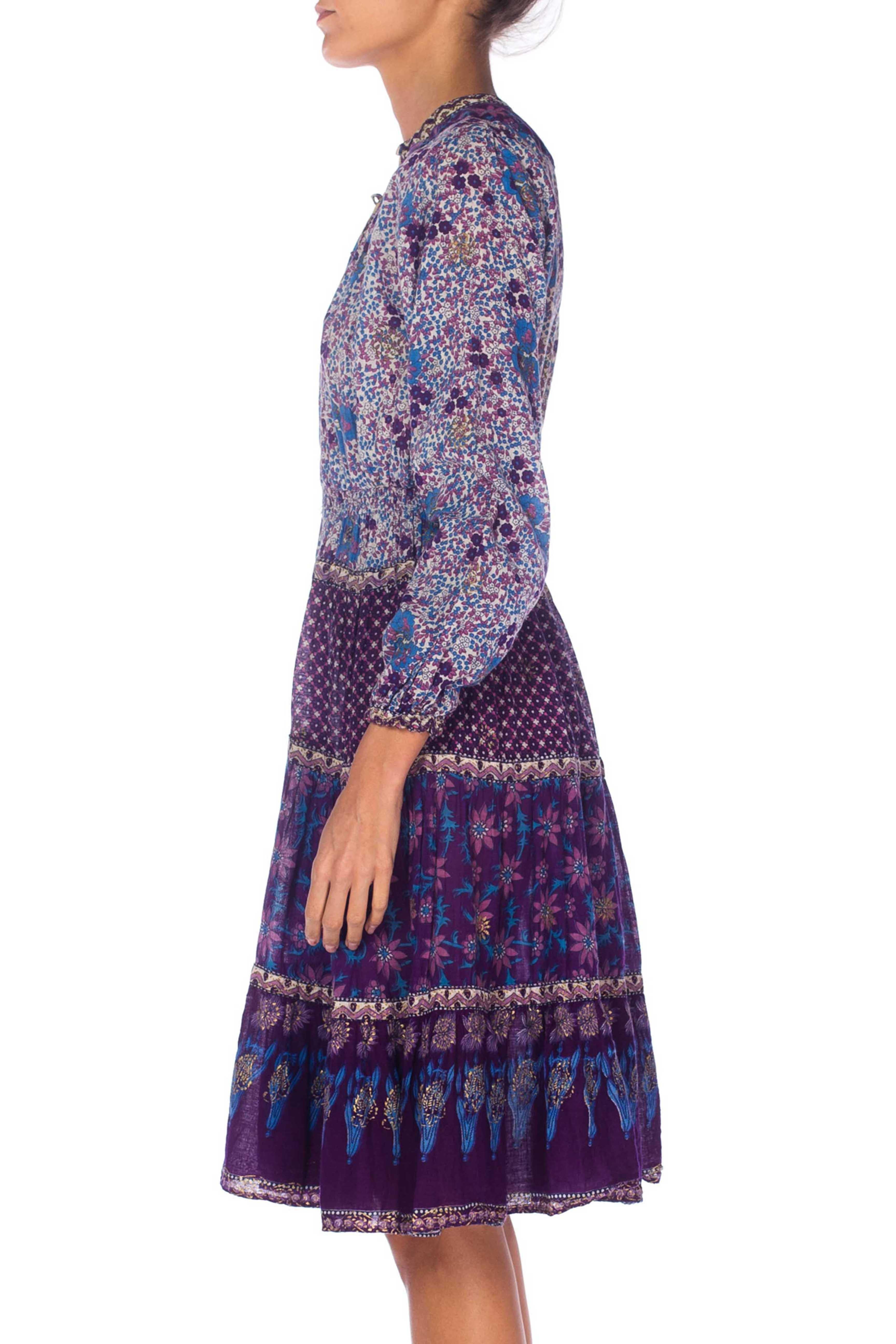 1970S Blue & Purple Cotton Indian Block Printed Dress In Excellent Condition In New York, NY