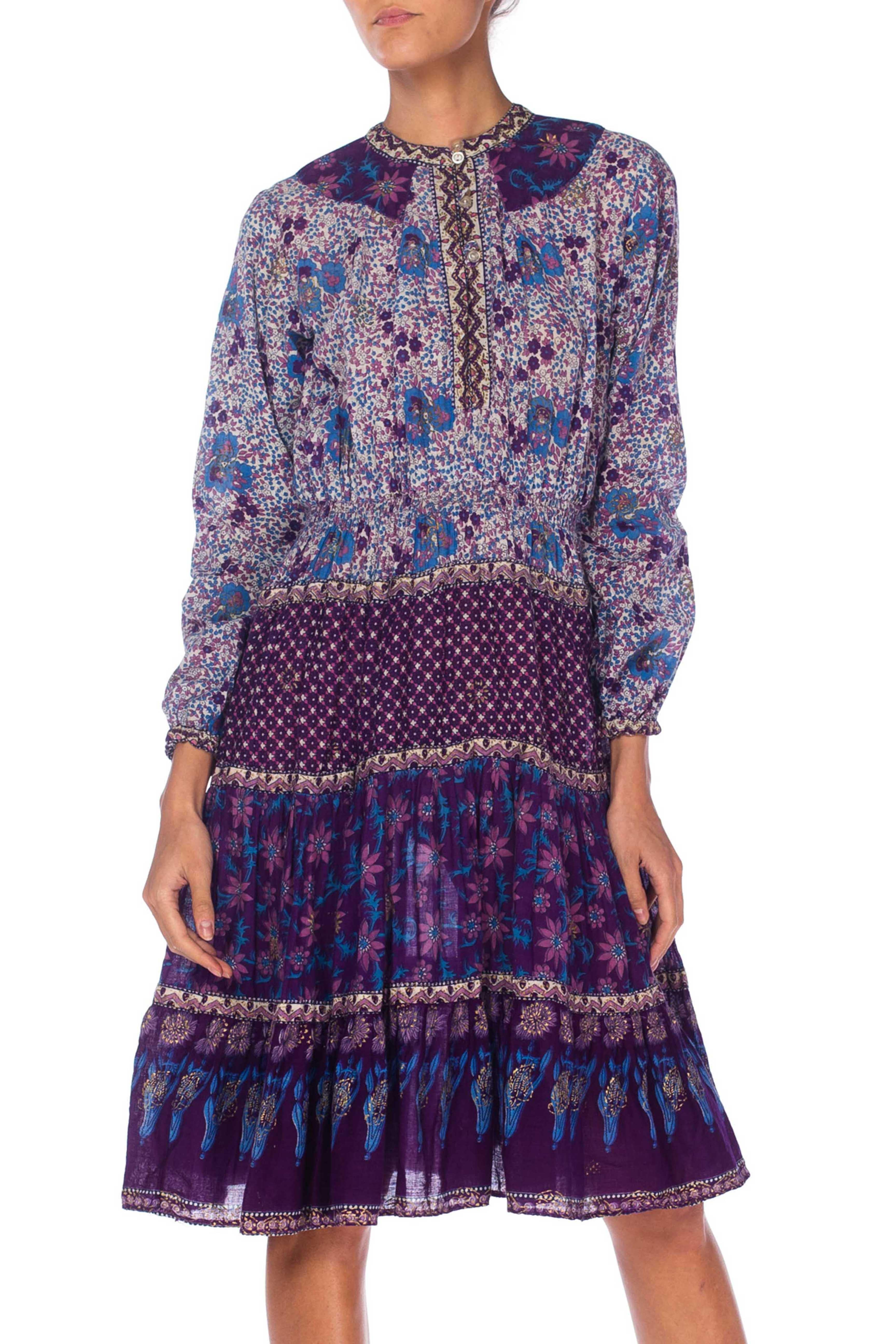 Women's 1970S Blue & Purple Cotton Indian Block Printed Dress