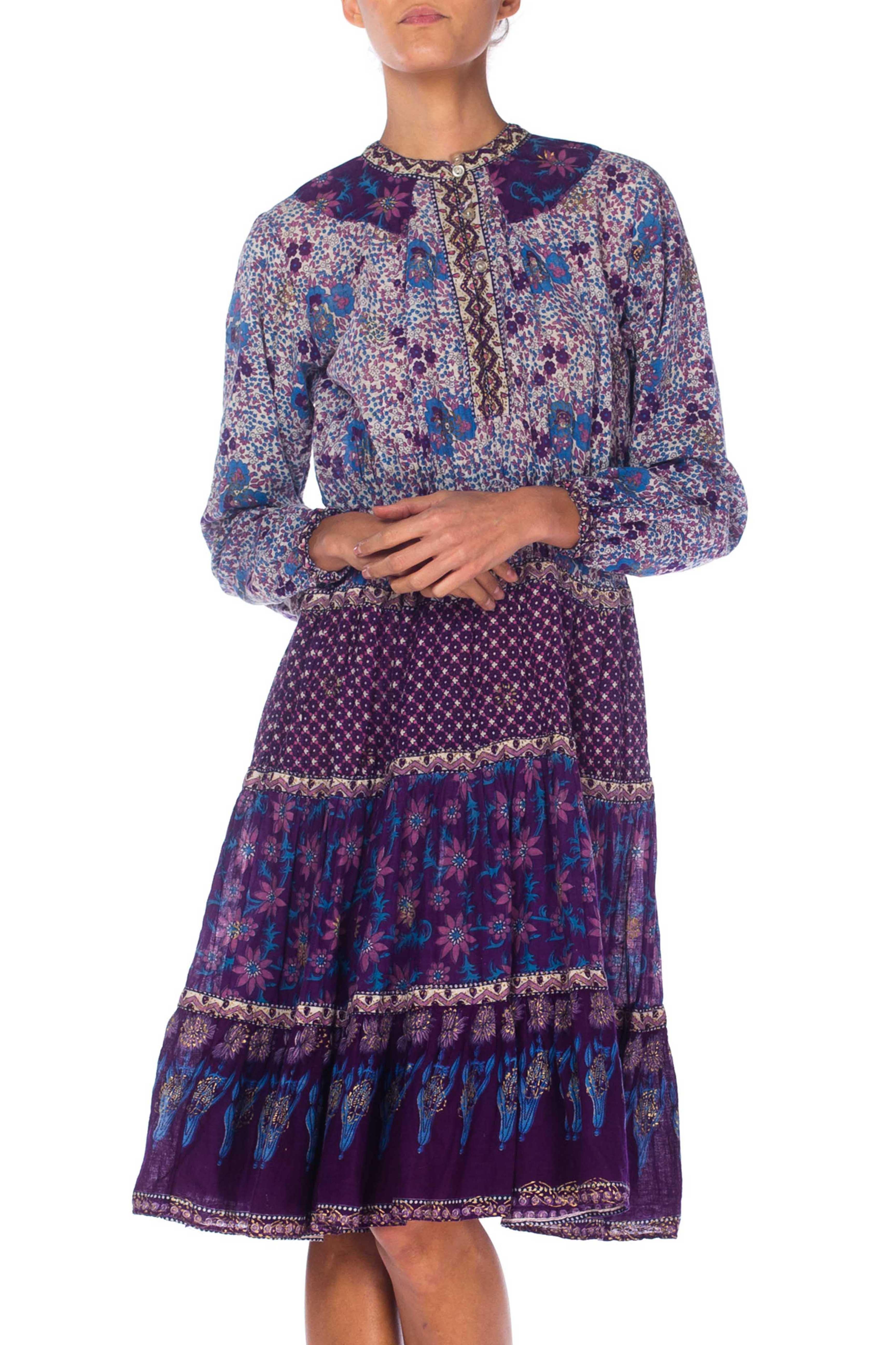 1970S Blue & Purple Cotton Indian Block Printed Dress 1
