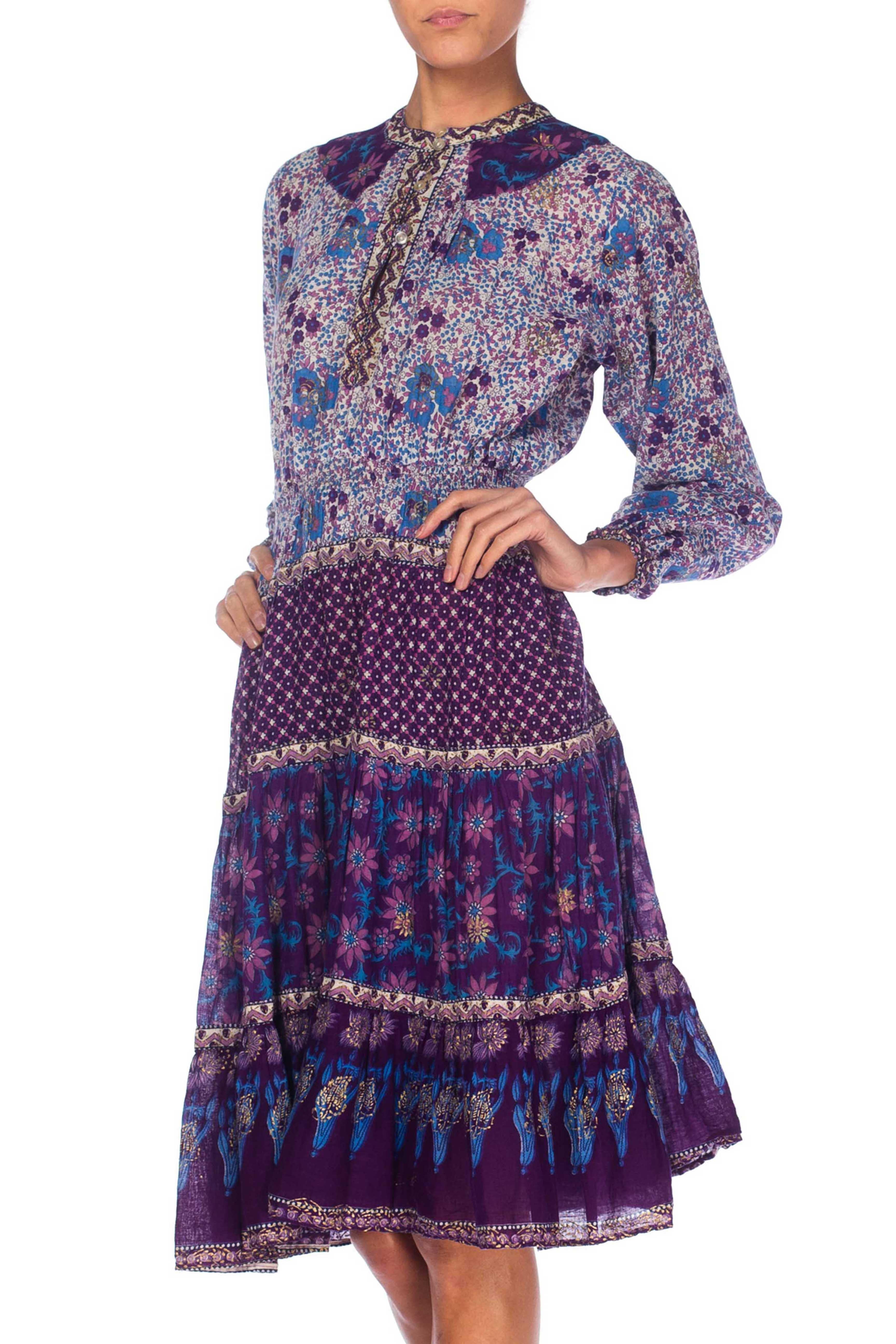 1970S Blue & Purple Cotton Indian Block Printed Dress 2