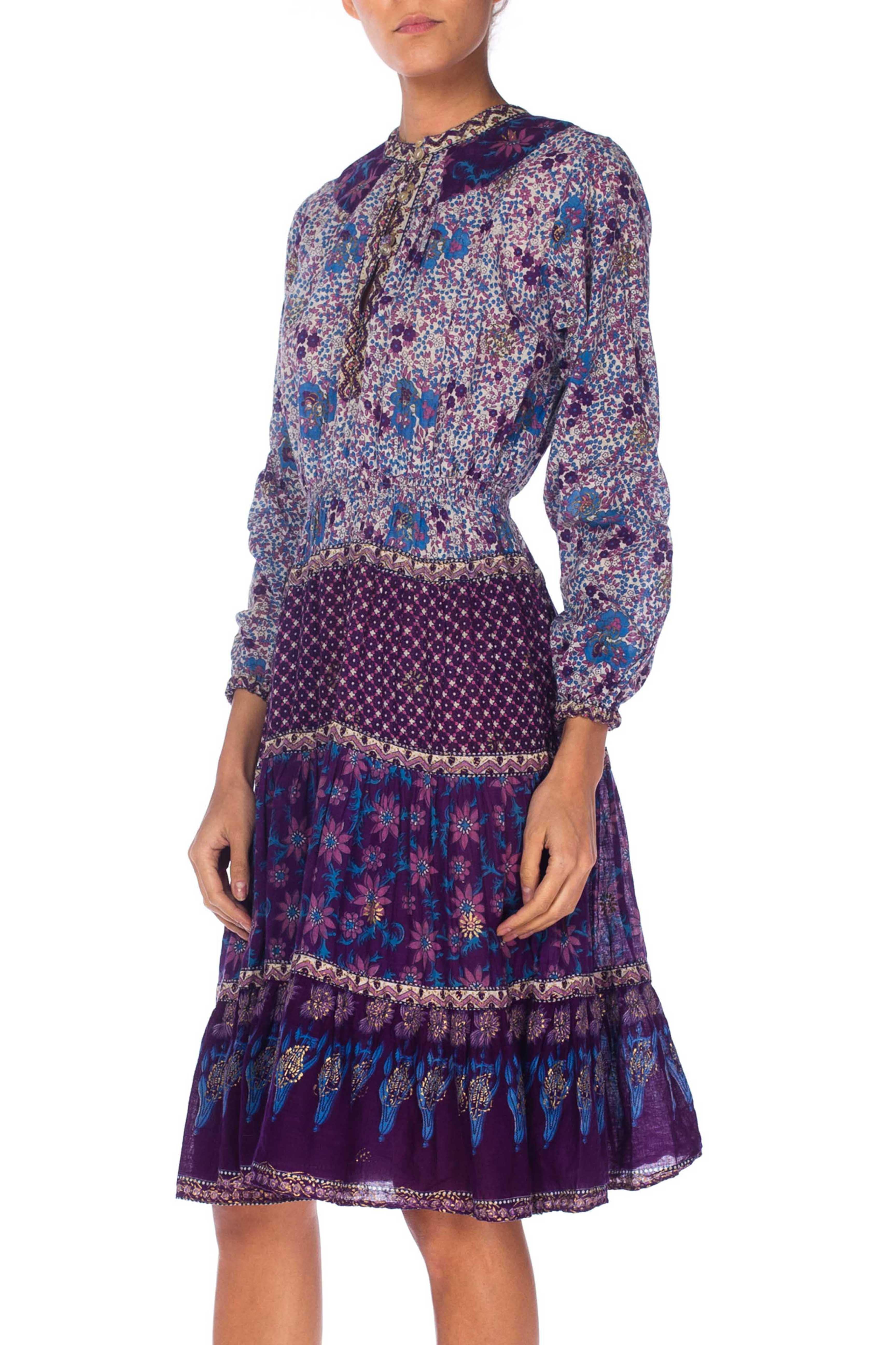 1970S Blue & Purple Cotton Indian Block Printed Dress 3
